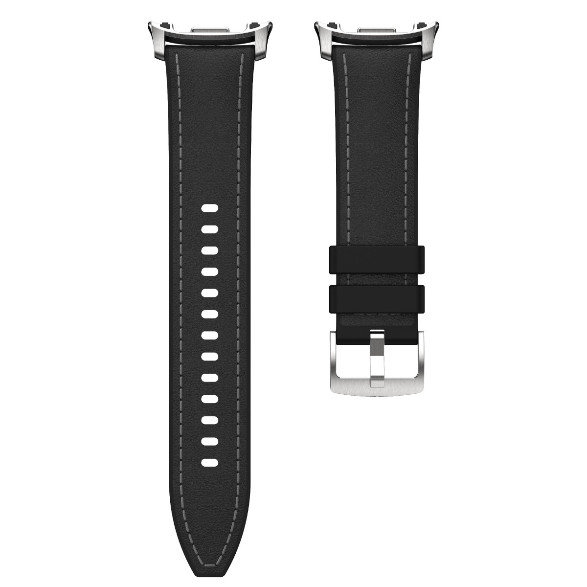 Zwei schwarze Lederuhrarmbänder mit grauen Nähten und silberner Schließe vor weißem Hintergrund.