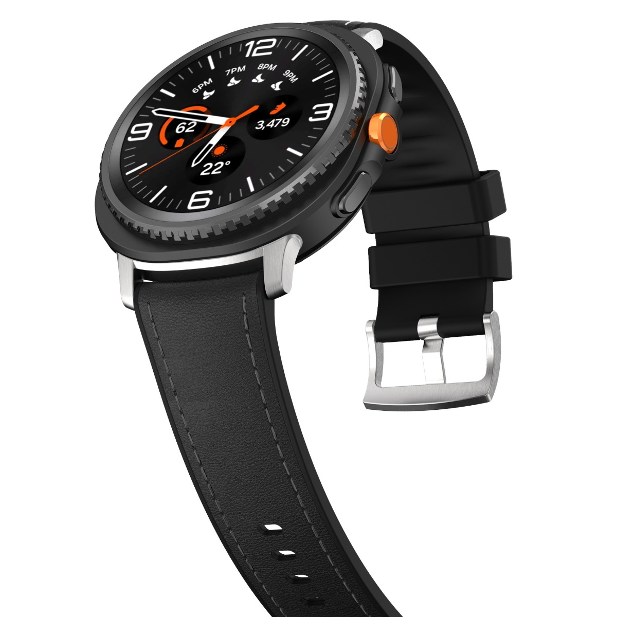 Eine schwarze Smartwatch mit digitalem Display, silbernem Gehäuse und schwarzem Lederarmband auf weißem Hintergrund.