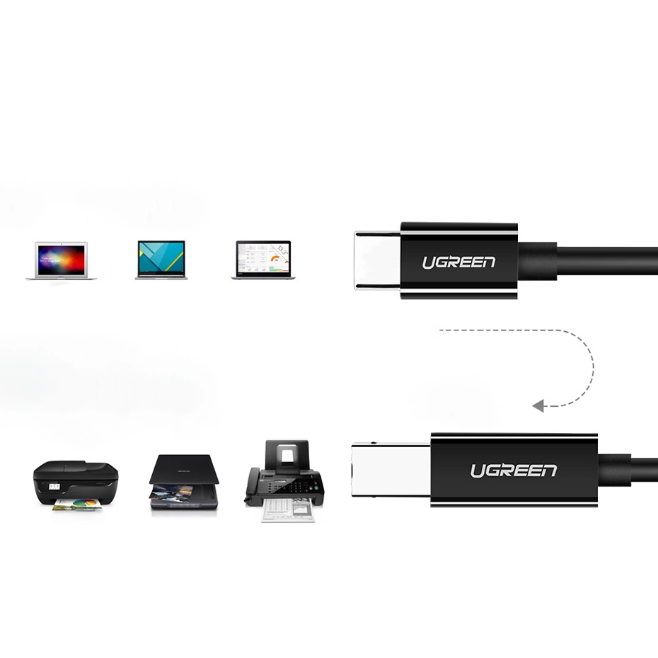 Cavo USB-C Ugreen mostrato con vari dispositivi compatibili tra cui laptop, stampanti e scanner.