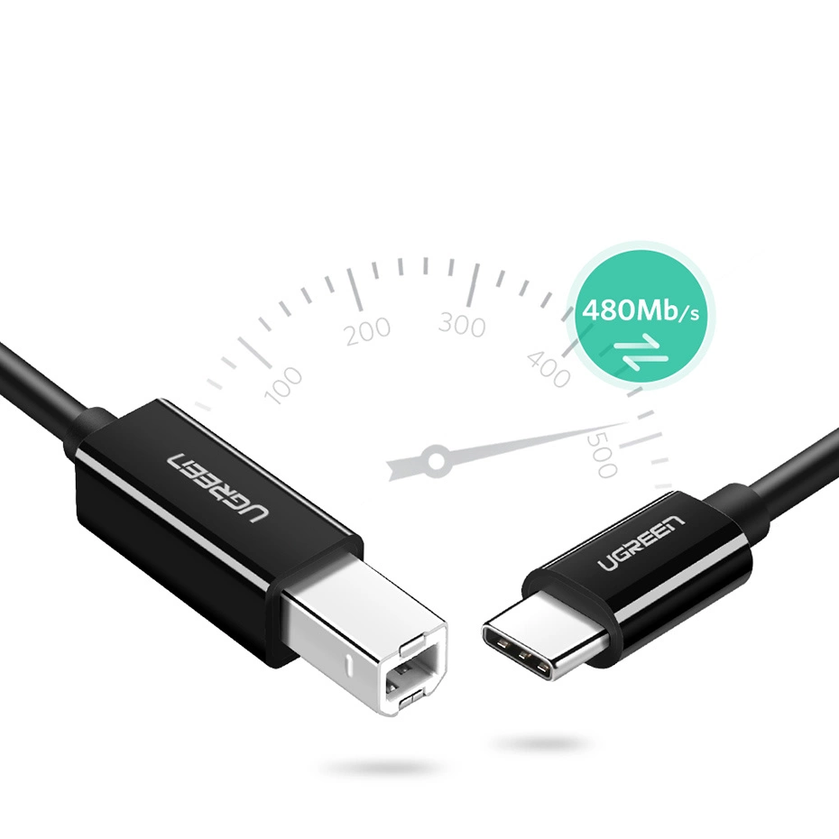 Cavo Ugreen da USB-B a USB-C davanti a un tachimetro che mostra 480Mb/s.
