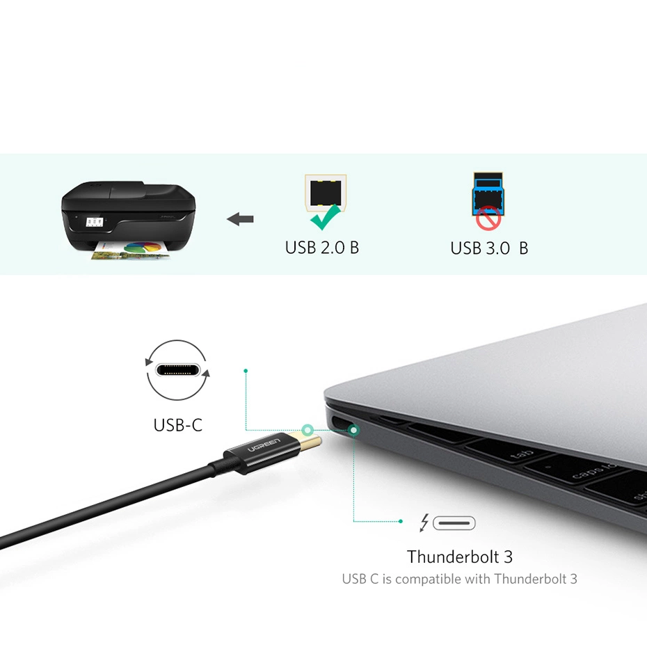 Il diagramma mostra cavo USB-C compatibile con Thunderbolt 3 e stampante con porta USB 2.0 B.