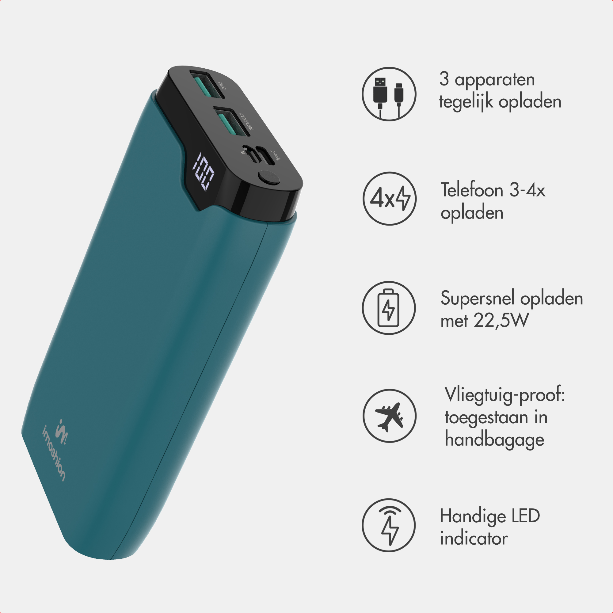 Blaue Powerbank mit LED-Anzeige und fünf Icons mit Erklärungen auf der rechten Seite.