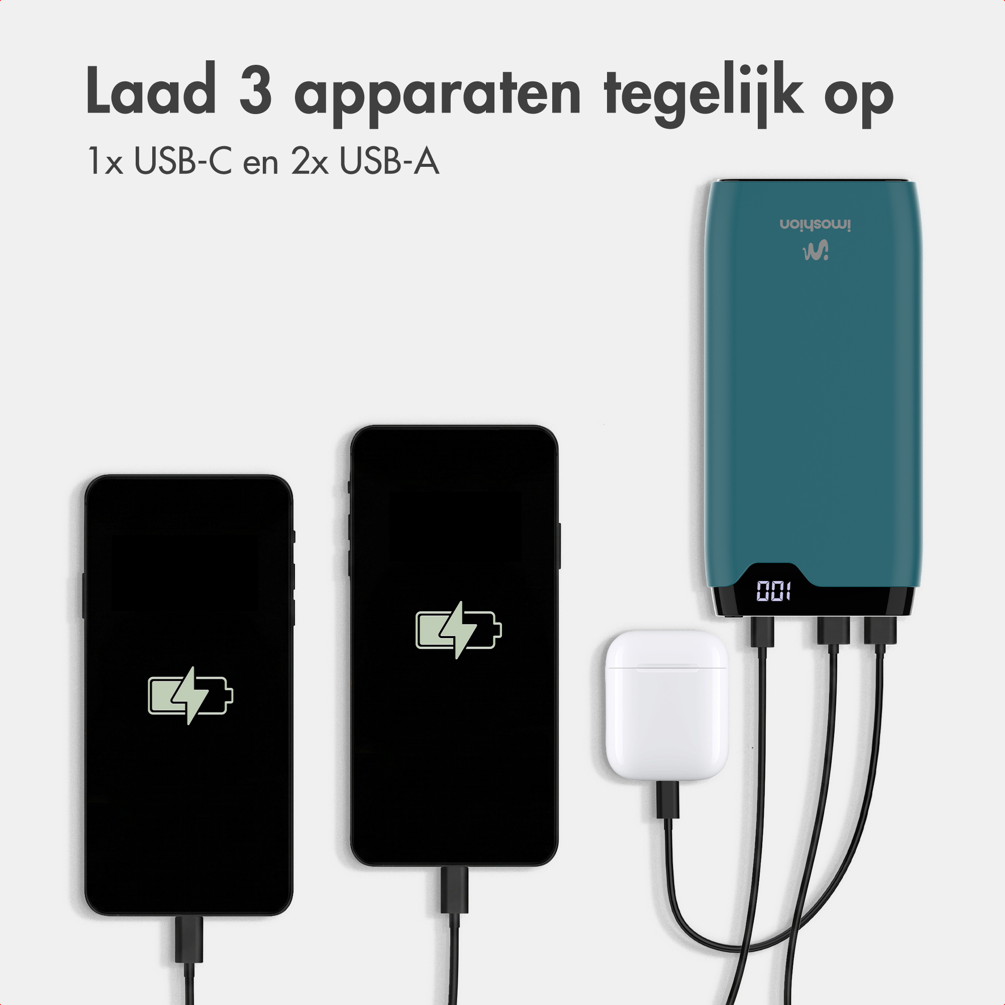 Grüne Powerbank lädt drei Geräte gleichzeitig mit USB-C und USB-A Kabeln.