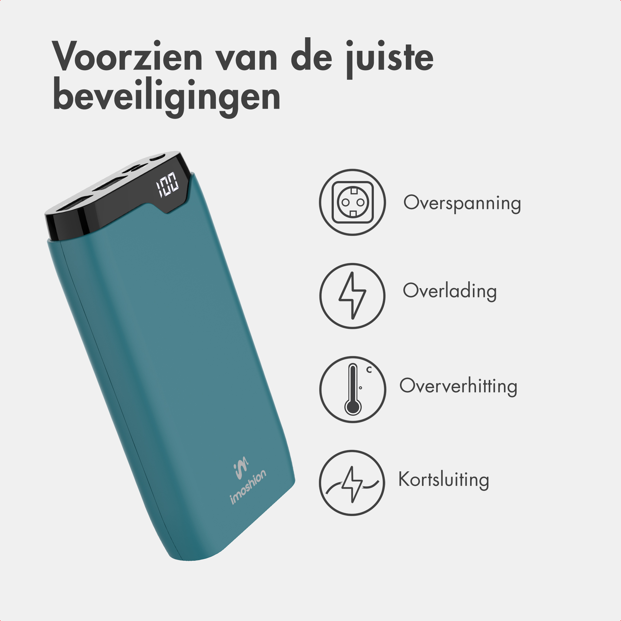 Eine türkisfarbene Powerbank mit Sicherheitssymbolen vor hellem Hintergrund.