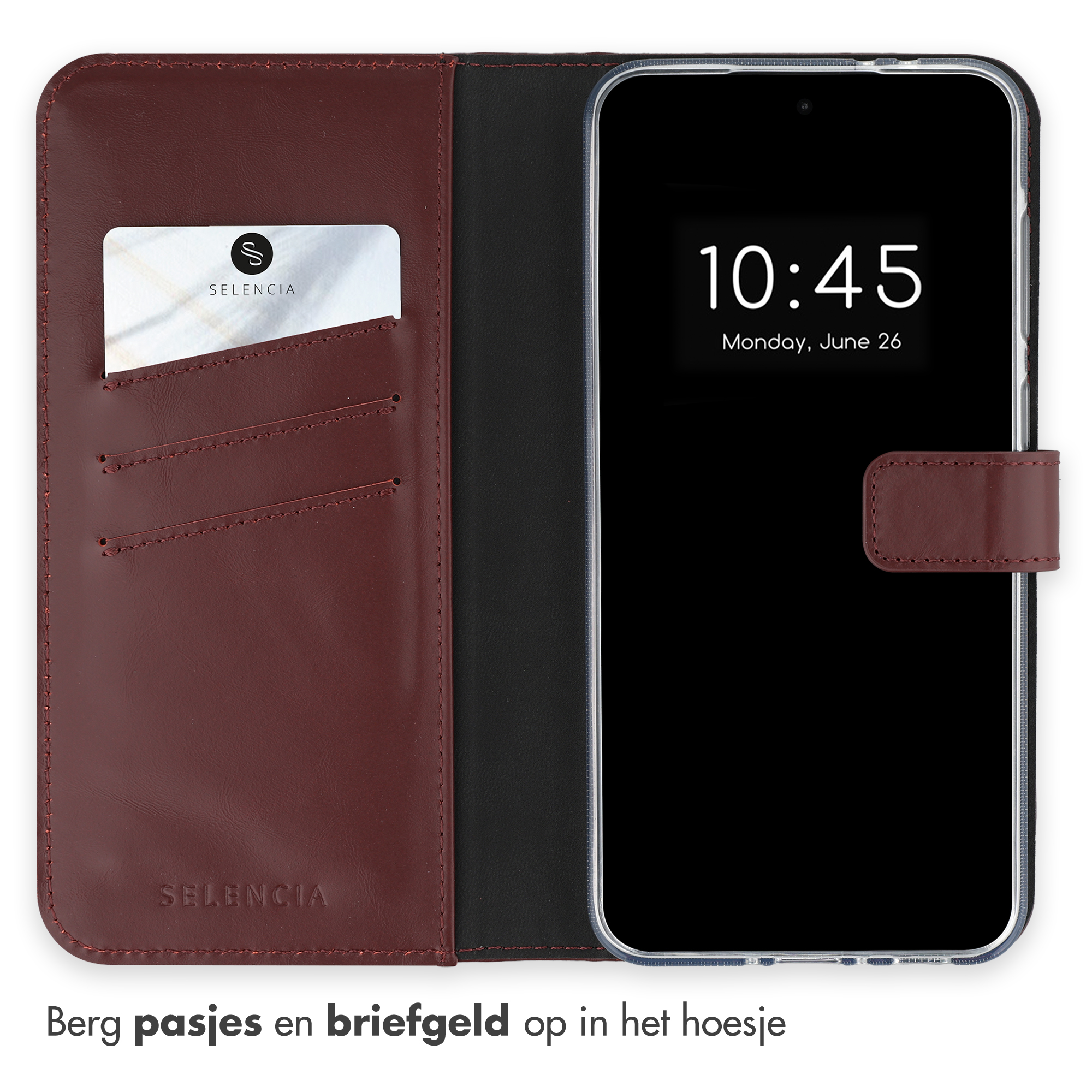 Ein weinrotes Leder-Handy-Wallet mit Kartenfächern und einem Smartphone auf der rechten Seite.