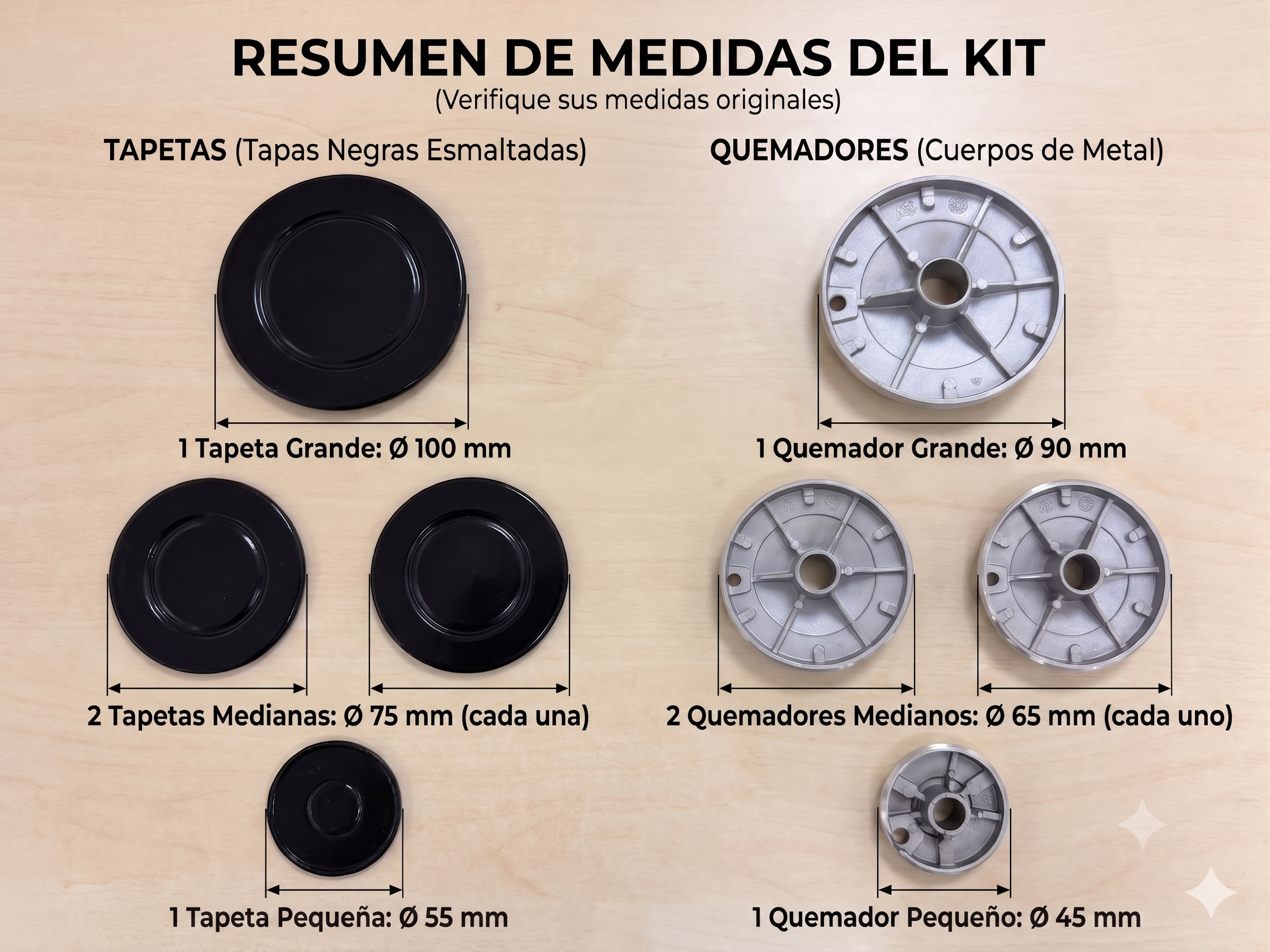 Diagrama muestra medidas de tapetas negras y quemadores plateados de varios tamaños.