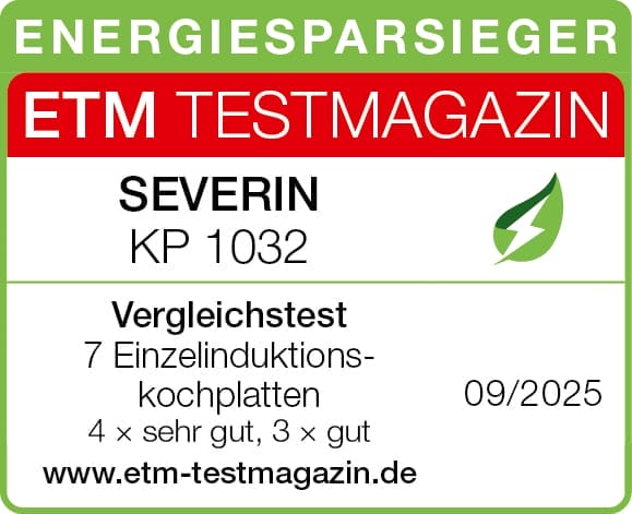 Un label de prix ETM Testmagazin pour Severin KP 1032, soulignant l'efficacité énergétique.
