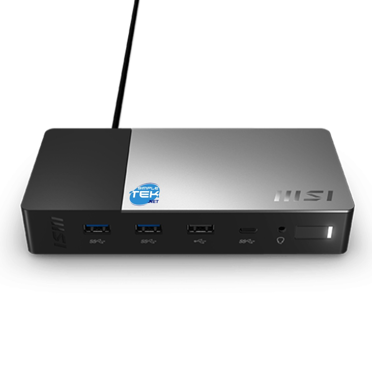 Una docking station MSI nera e argentata con varie porte USB, un cavo di alimentazione e un logo su sfondo bianco.