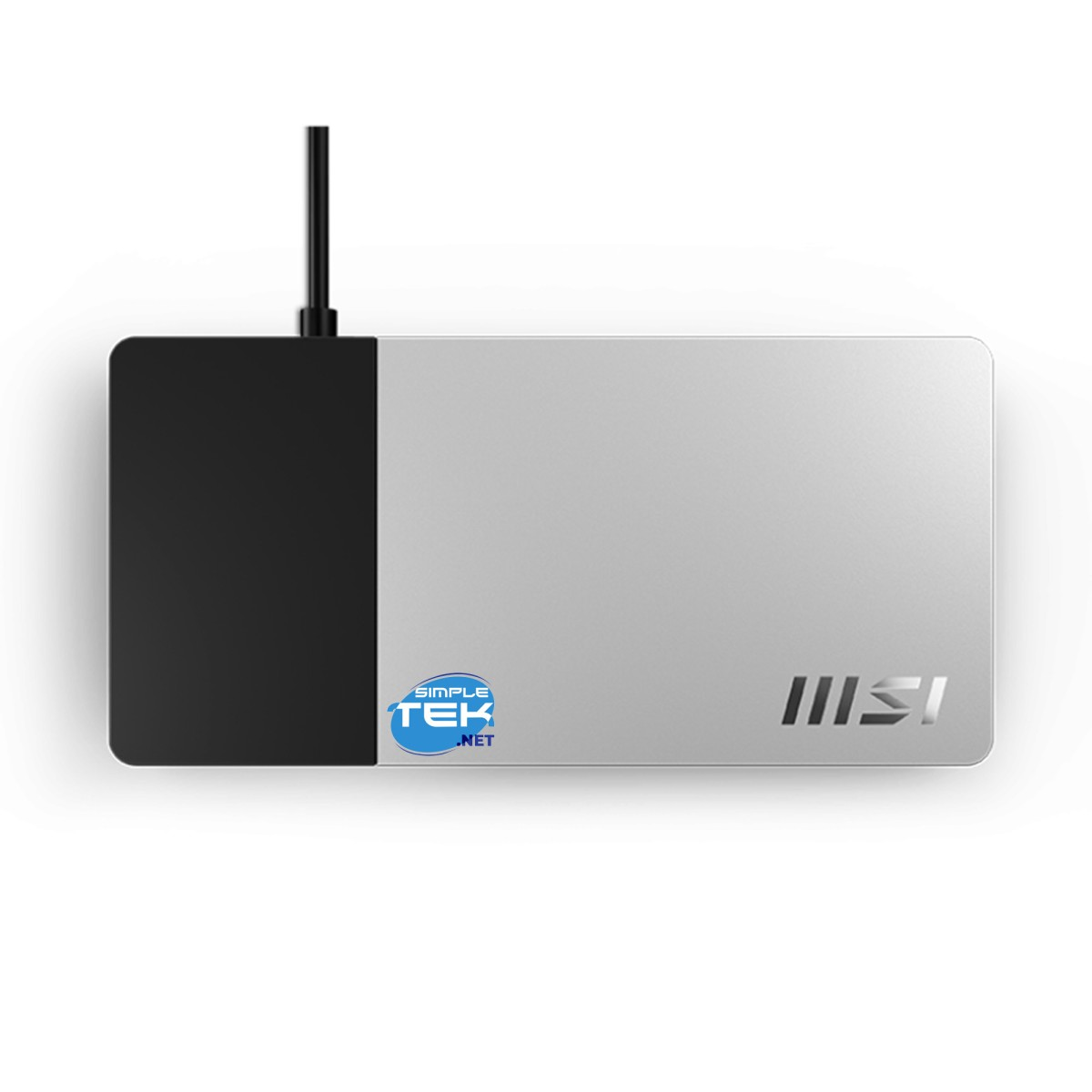 Docking station MSI argento e nera con cavo su sfondo bianco.