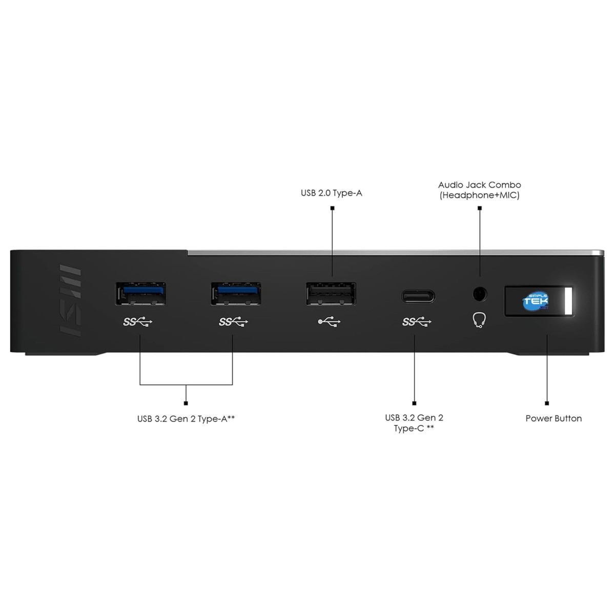 Pannello frontale di un case per computer nero con porte USB, jack audio e pulsante di accensione.