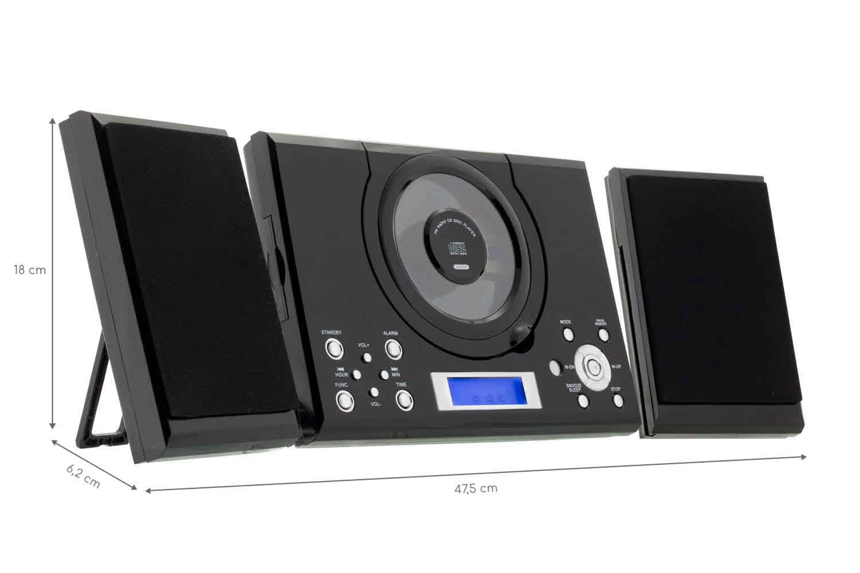 Schwarzes Stereo-System mit CD-Player und zwei Lautsprechern, inklusive Maßangaben.