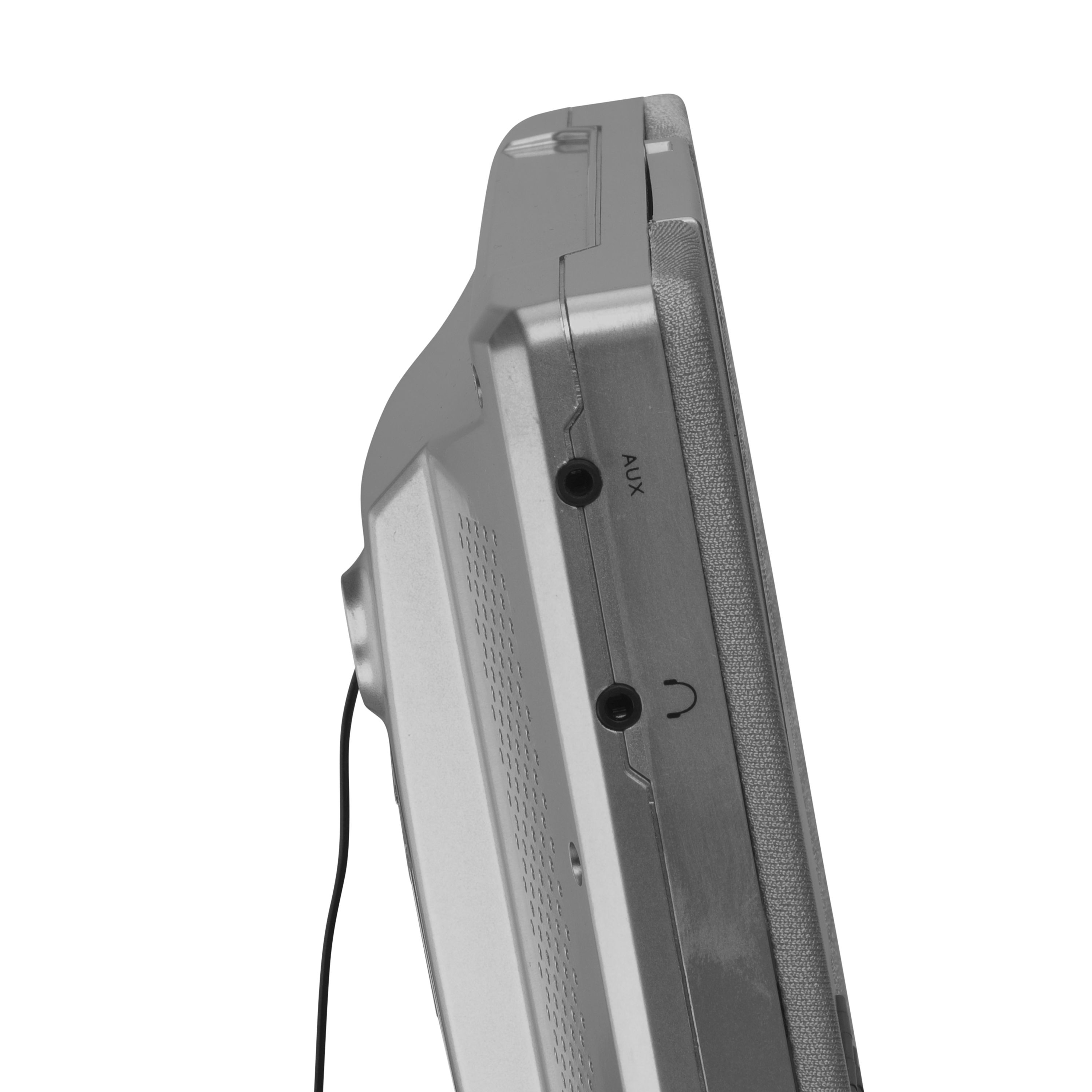 Vista laterale di un dispositivo elettronico argentato, con porte aux e per cuffie, su sfondo bianco.