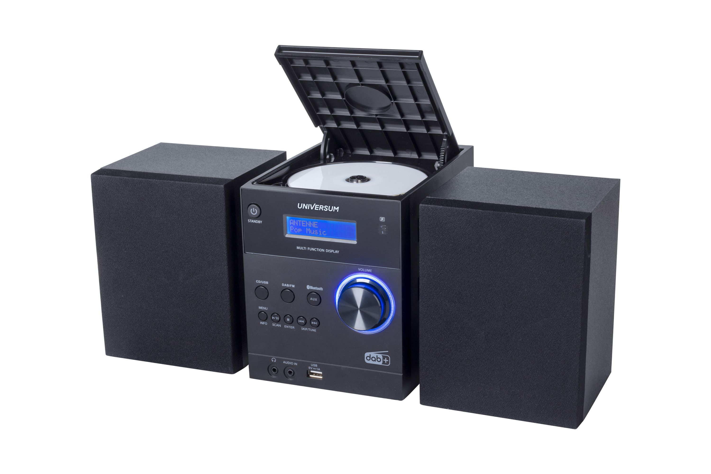 Un impianto stereo nero con due altoparlanti, lettore CD aperto in alto, display blu e manopola del volume illuminata.