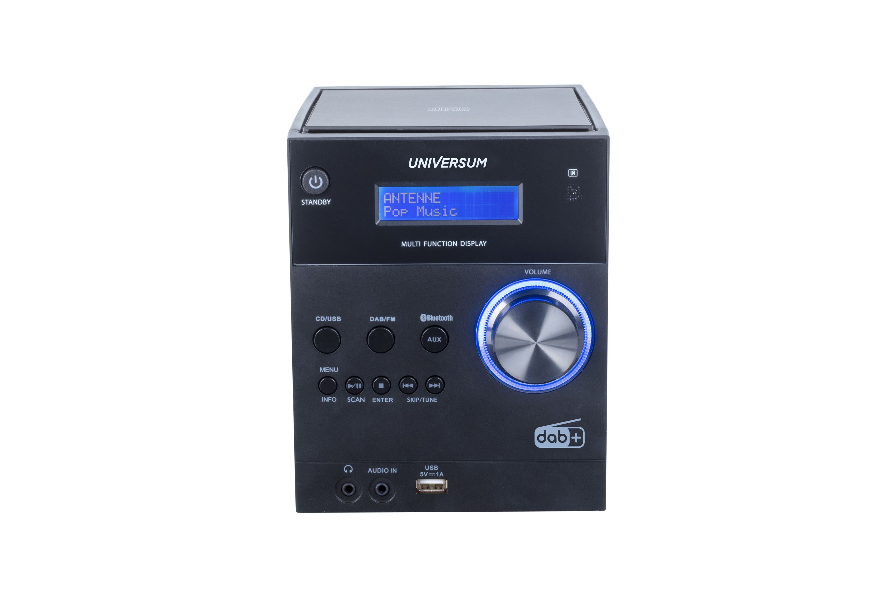Sistema audio Universum nero con display blu, pulsanti rotondi e una grande manopola del volume su sfondo bianco.