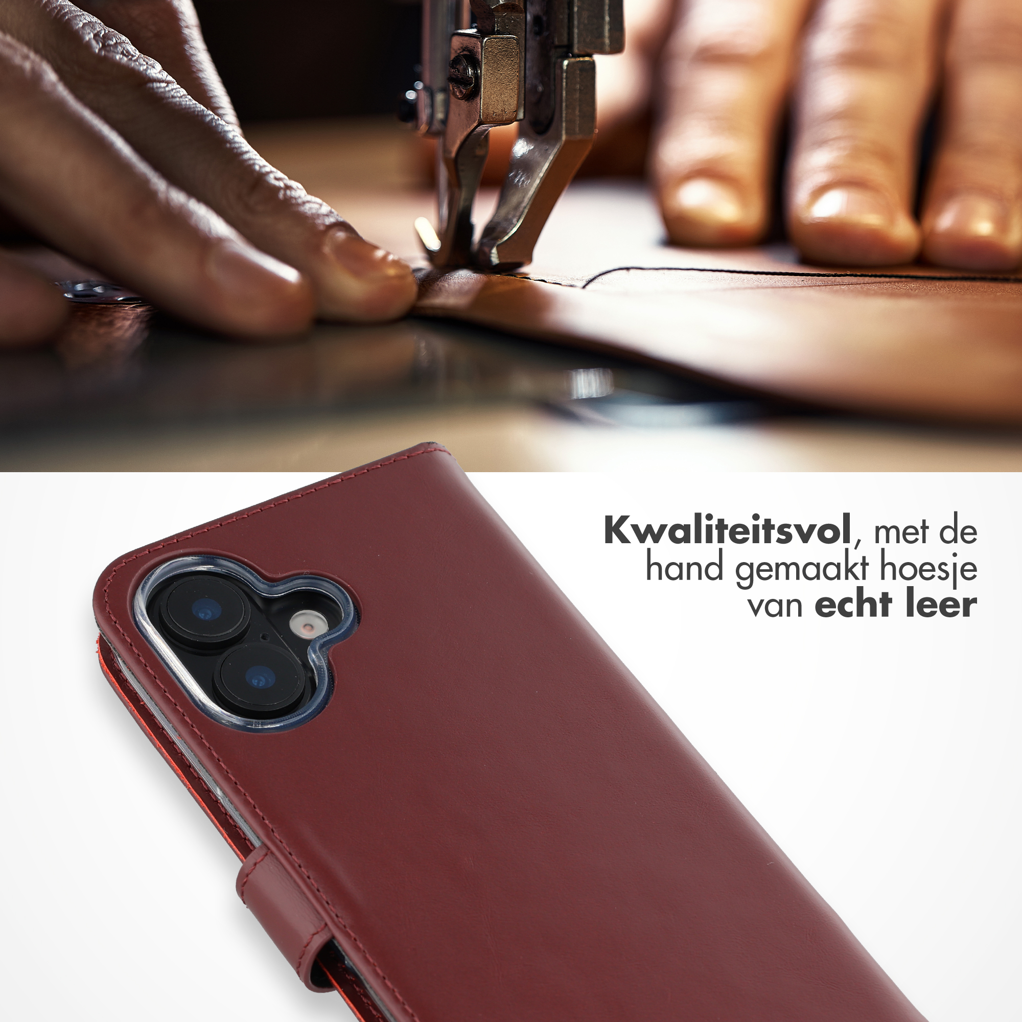 Nahaufnahme von Händen, die eine rote Handyhülle aus Leder nähen.