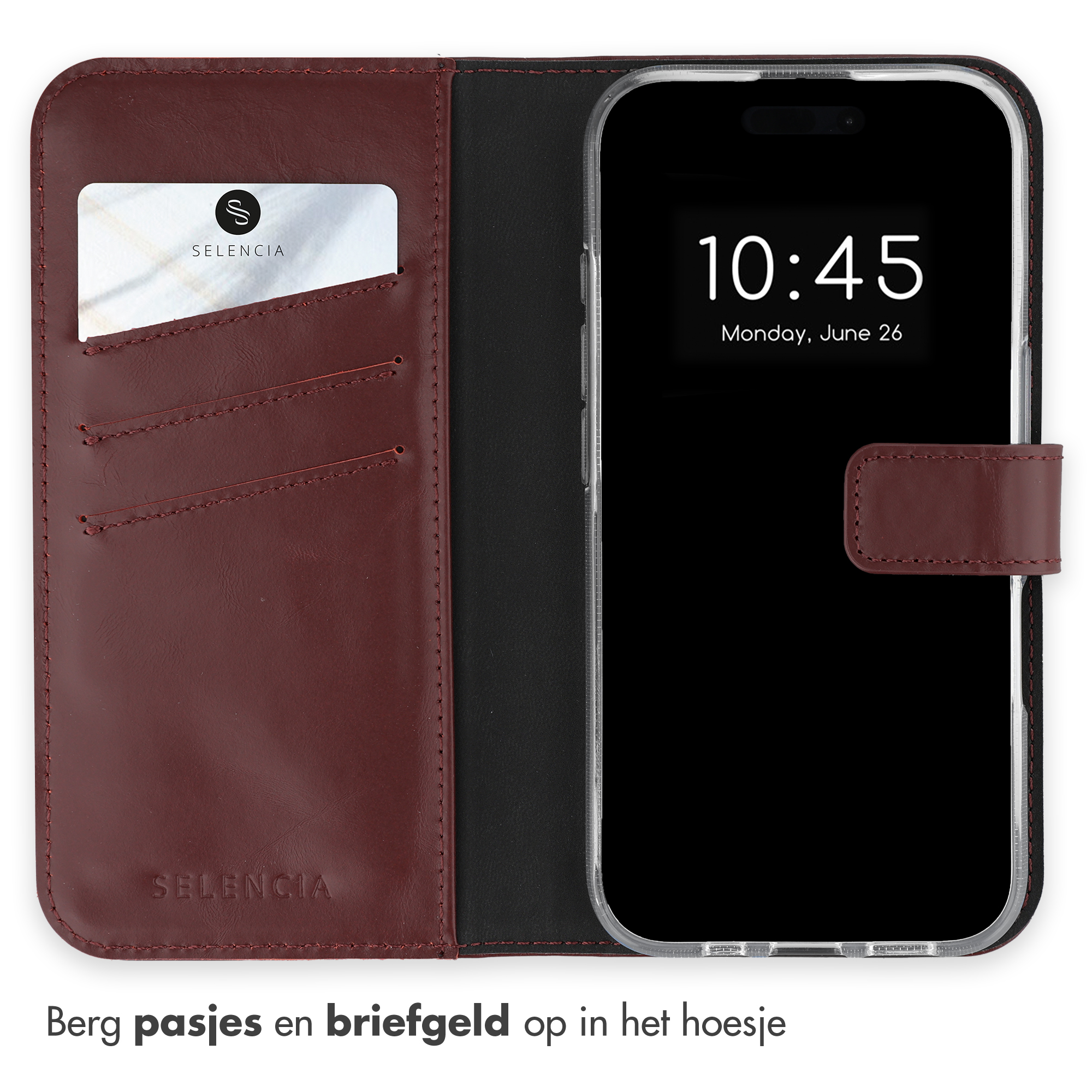 Dunkelrote Leder-Handyhülle mit Kartenfächern und einer Karte, in der ein Smartphone mit schwarzem Bildschirm liegt.