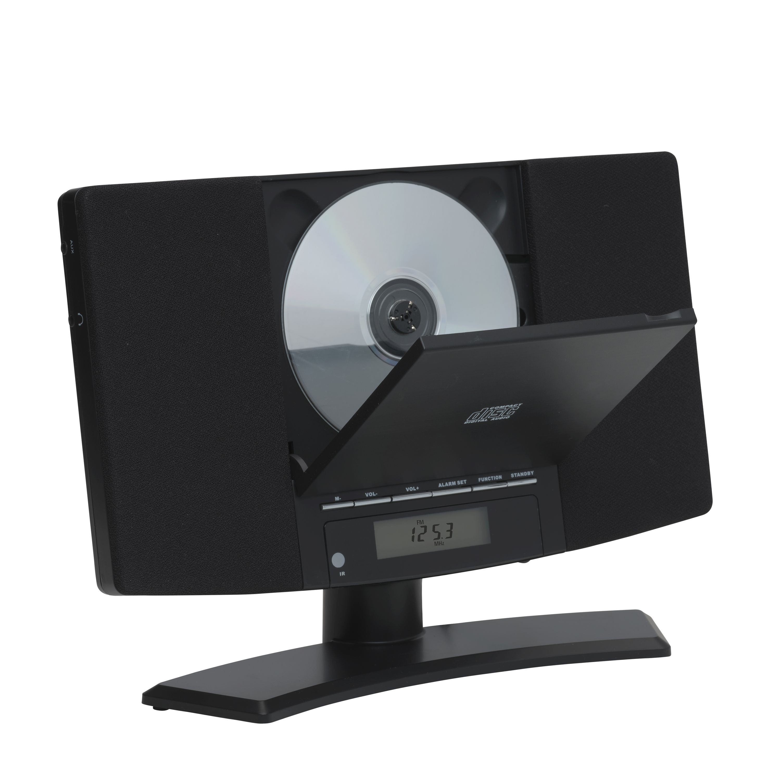 Czarny system stereo z otwartą tacką na płytę CD, włożoną płytą, wyświetlaczem cyfrowym i głośnikami na stojaku.