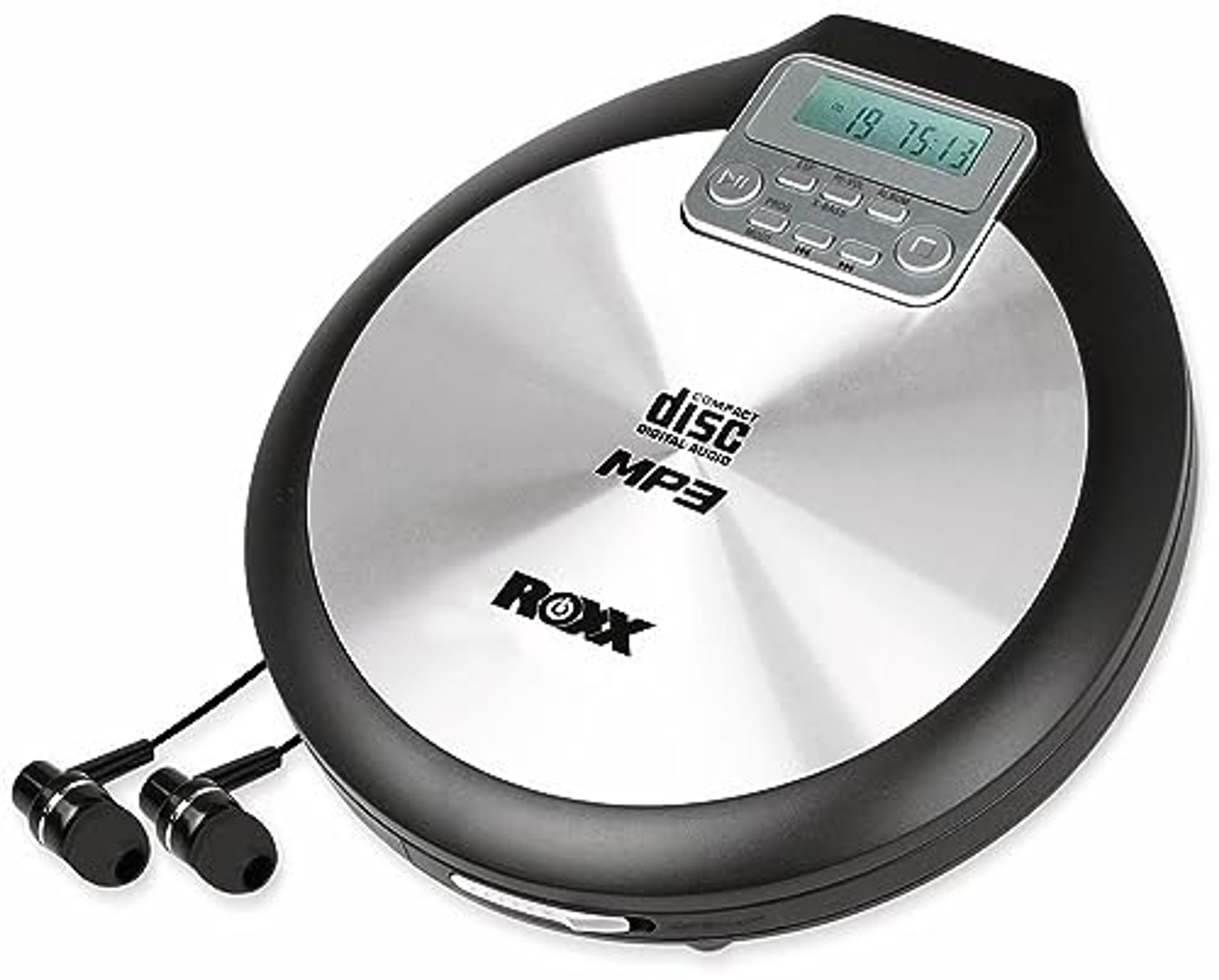 Ein schwarzer und silberner tragbarer MP3-CD-Player mit Kopfhörern auf einem weißen Hintergrund.