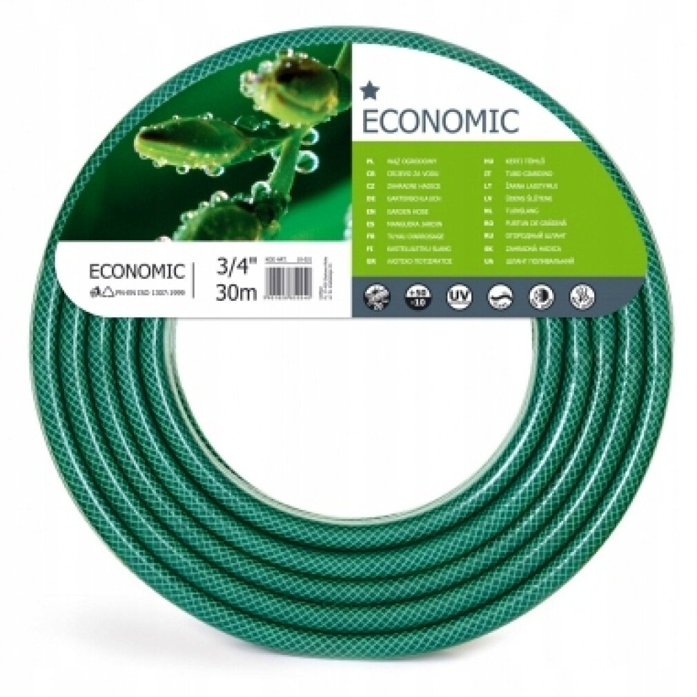 Ein coil grüner Gartenschlauch mit Produktetikett Economic, 3/4 Zoll und 30m.
