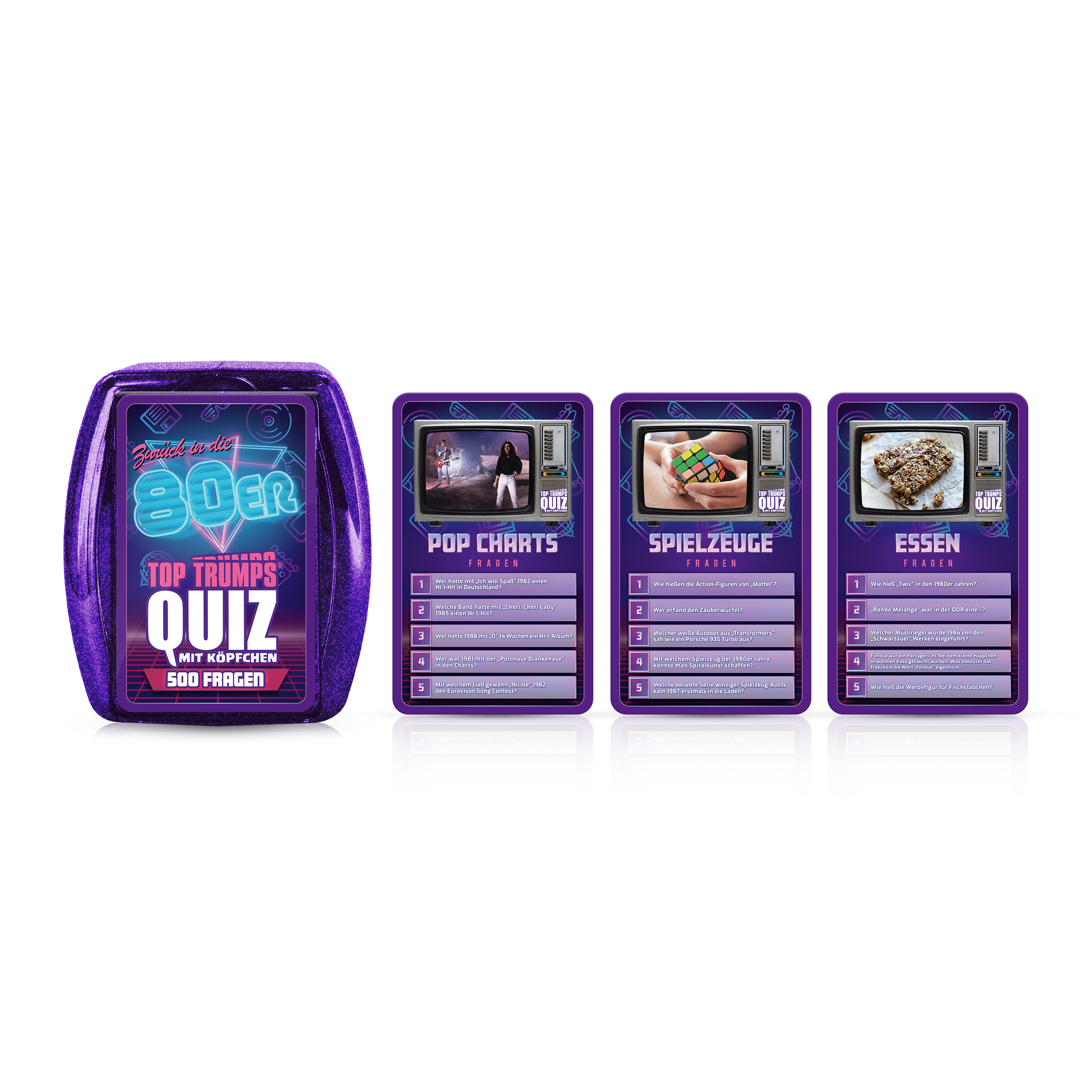 Top Trumps Quiz Spiel aus den 80ern mit Box und drei Themenkarten gegen einen weißen Hintergrund.