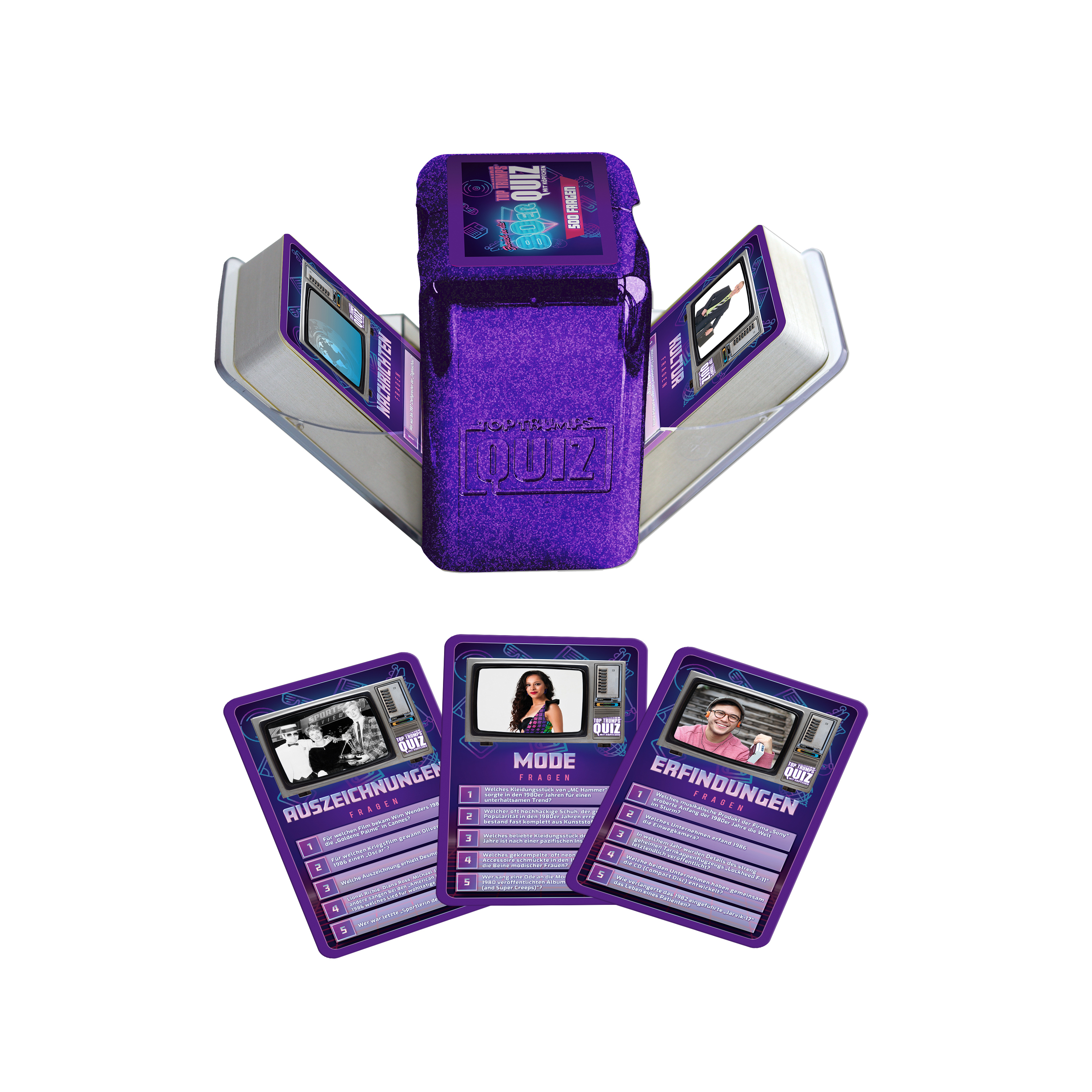 Violette Top Trumps Quizbox und drei Karten mit Fragen vor weißem Hintergrund.