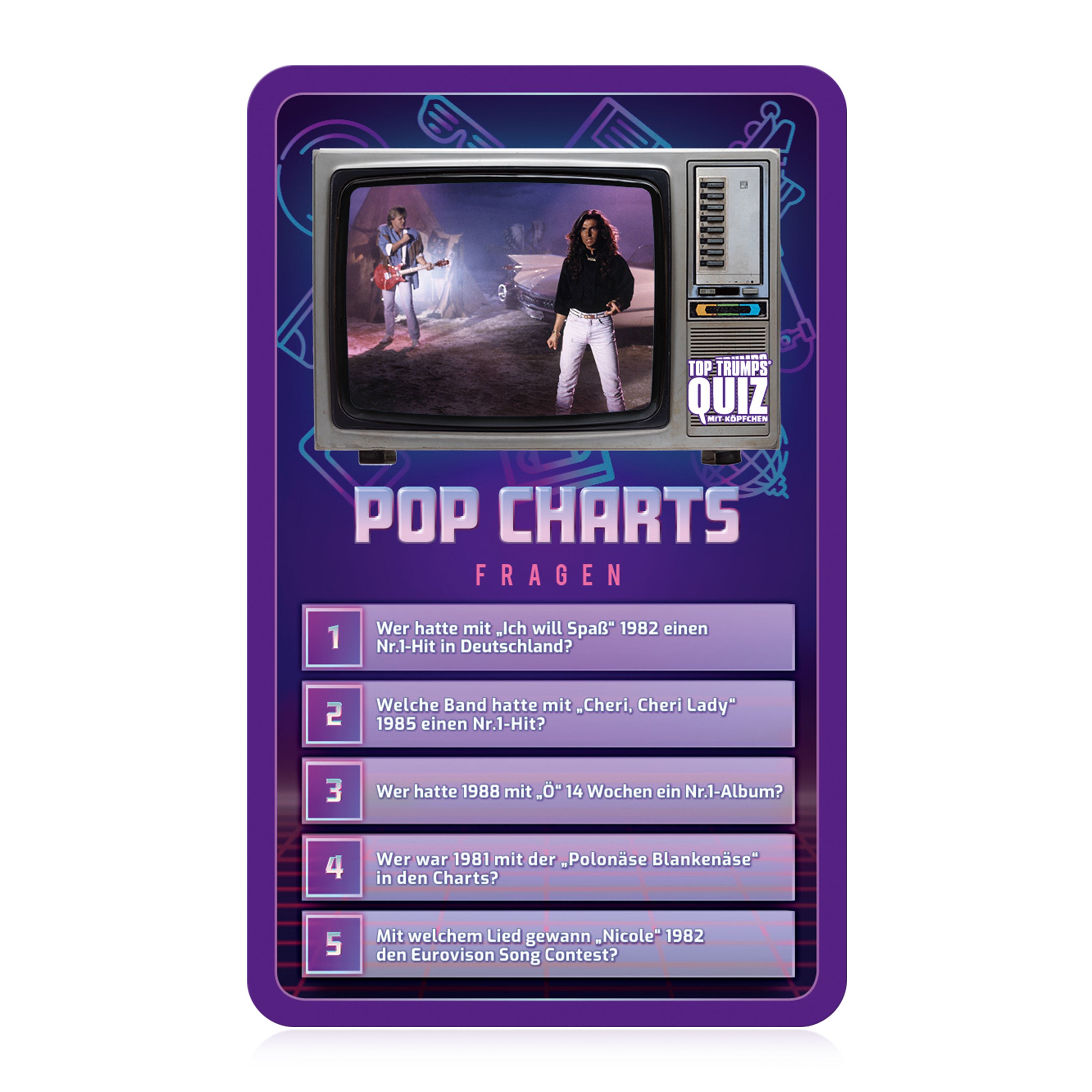 Eine violette Pop-Charts-Quizkarte mit einem alten Fernseher oben und fünf Fragen unten.