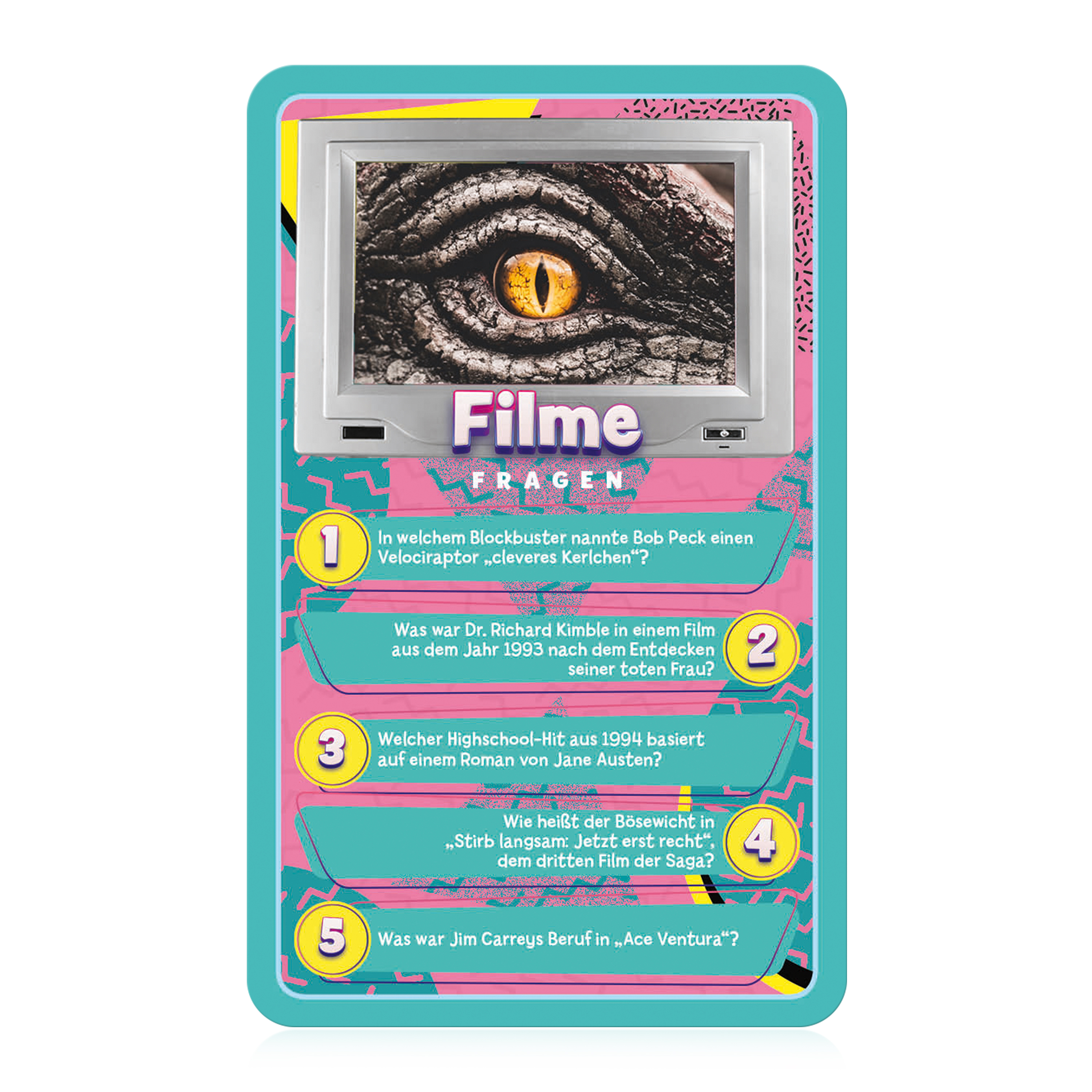 Eine pink-türkise Quizkarte mit einer Fernseher-Abbildung und fünf nummerierten Fragen zum Thema Filme.