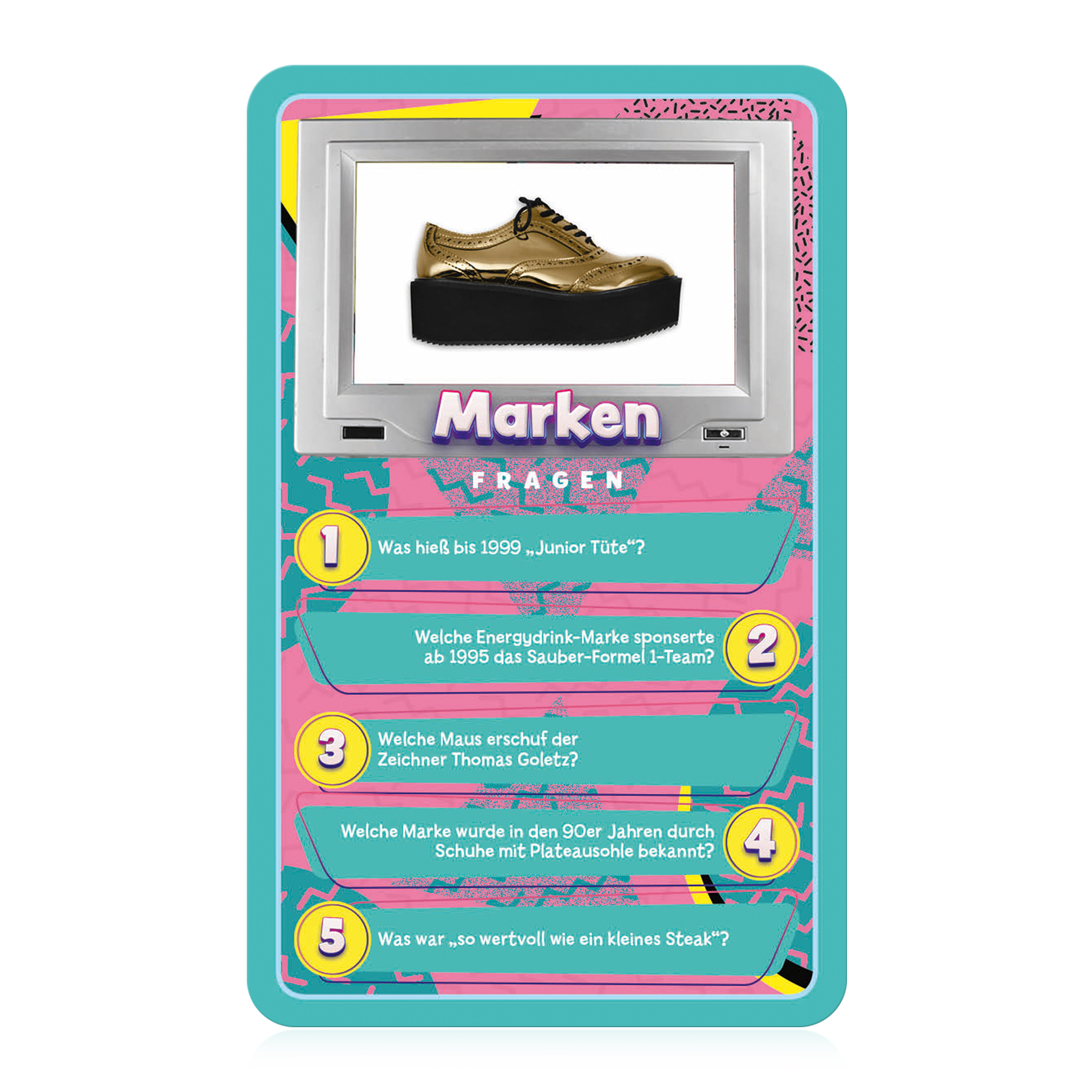 Eine Spielkarte mit Markenfragen und einem goldenen Plateau-Schuh auf einem Bildschirm.