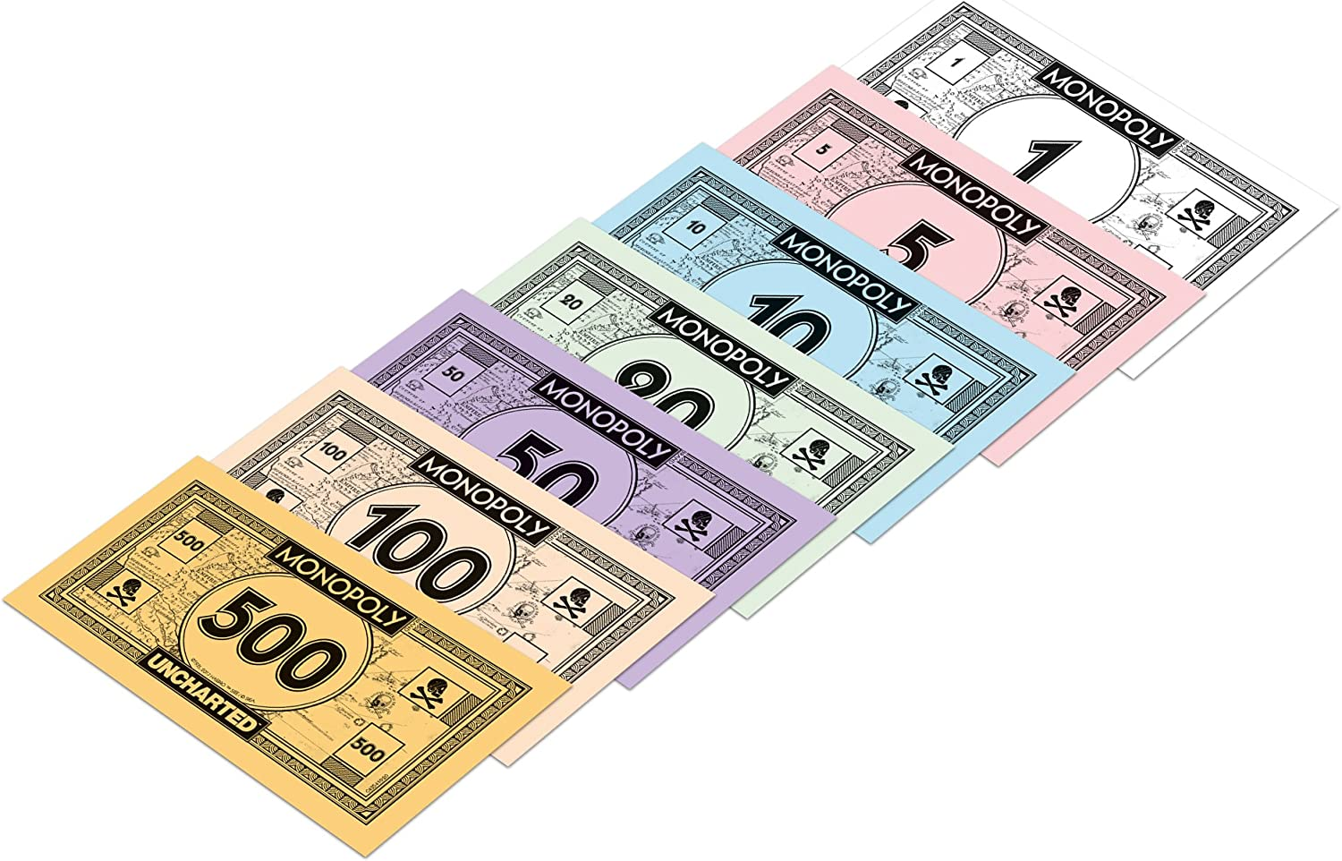 Ein Fächer aus sechs verschiedenen Monopoly-Geldscheinen mit Werten von 1 bis 500.