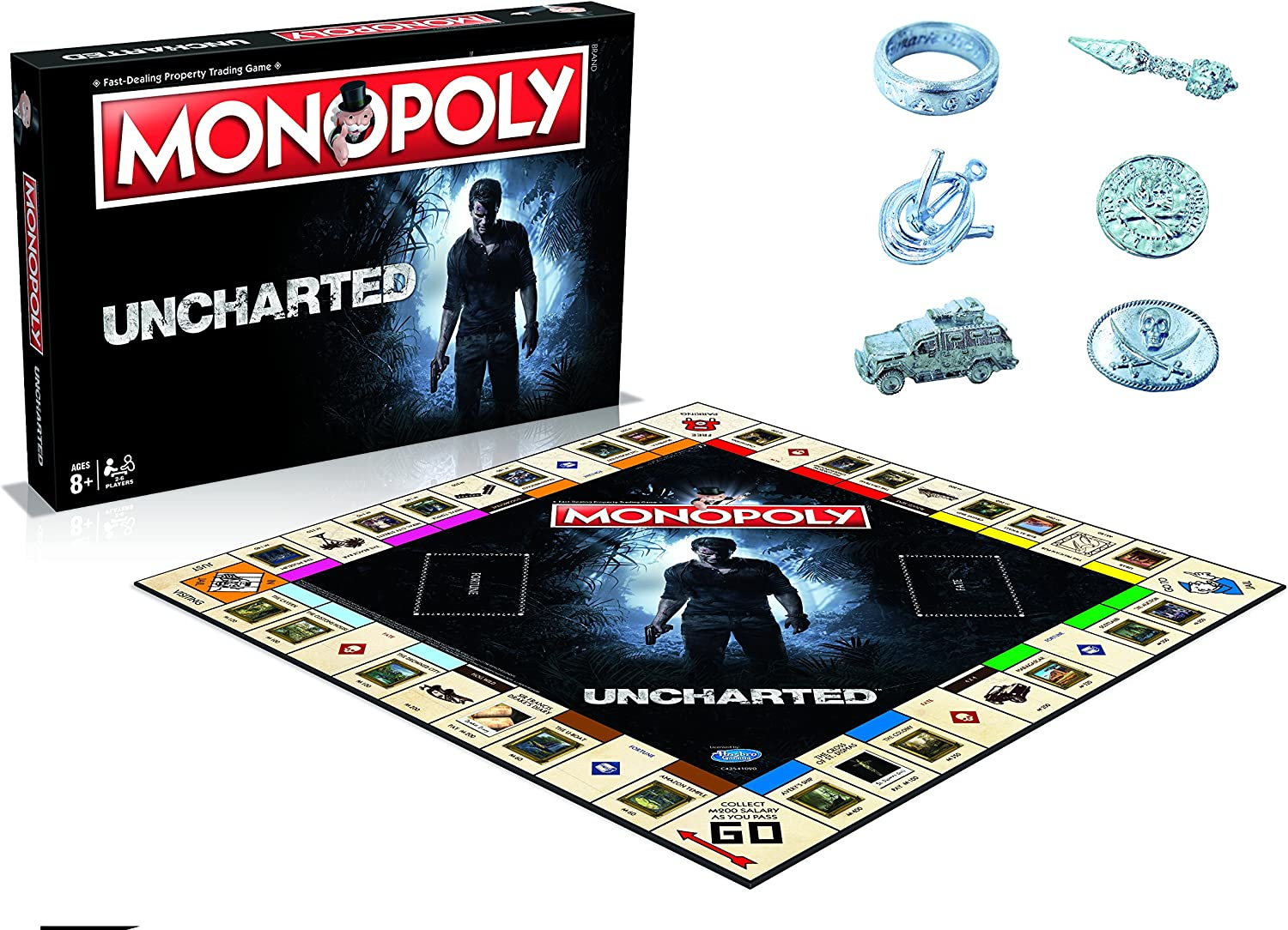 Uncharted Monopoly-Spiel mit Box, Brett und sechs Sammlerfiguren auf weißem Hintergrund.