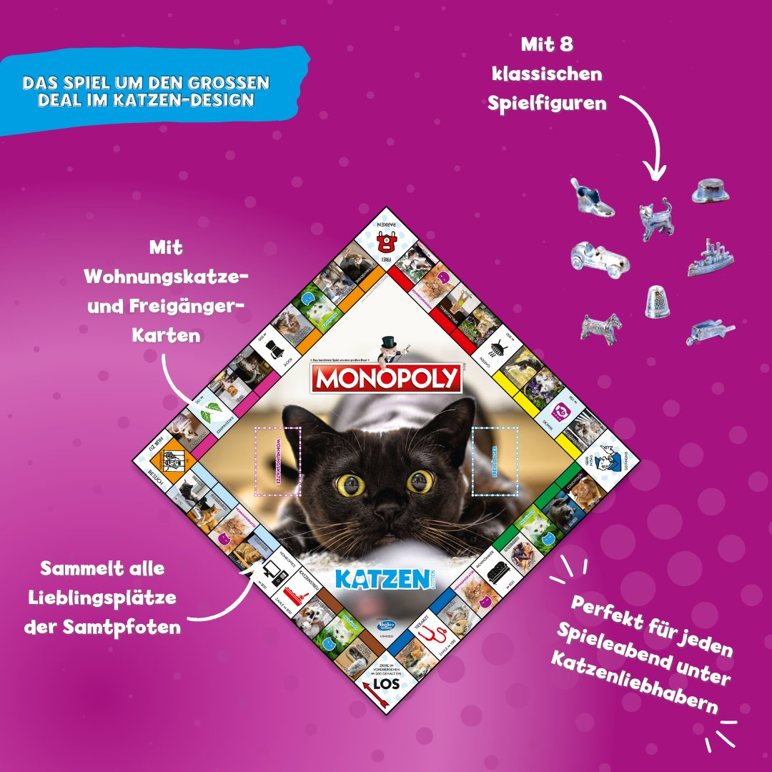 Ein pinkes Monopoly-Katzen-Brettspiel mit einem schwarzen Kätzchen in der Mitte und acht Metallfiguren.