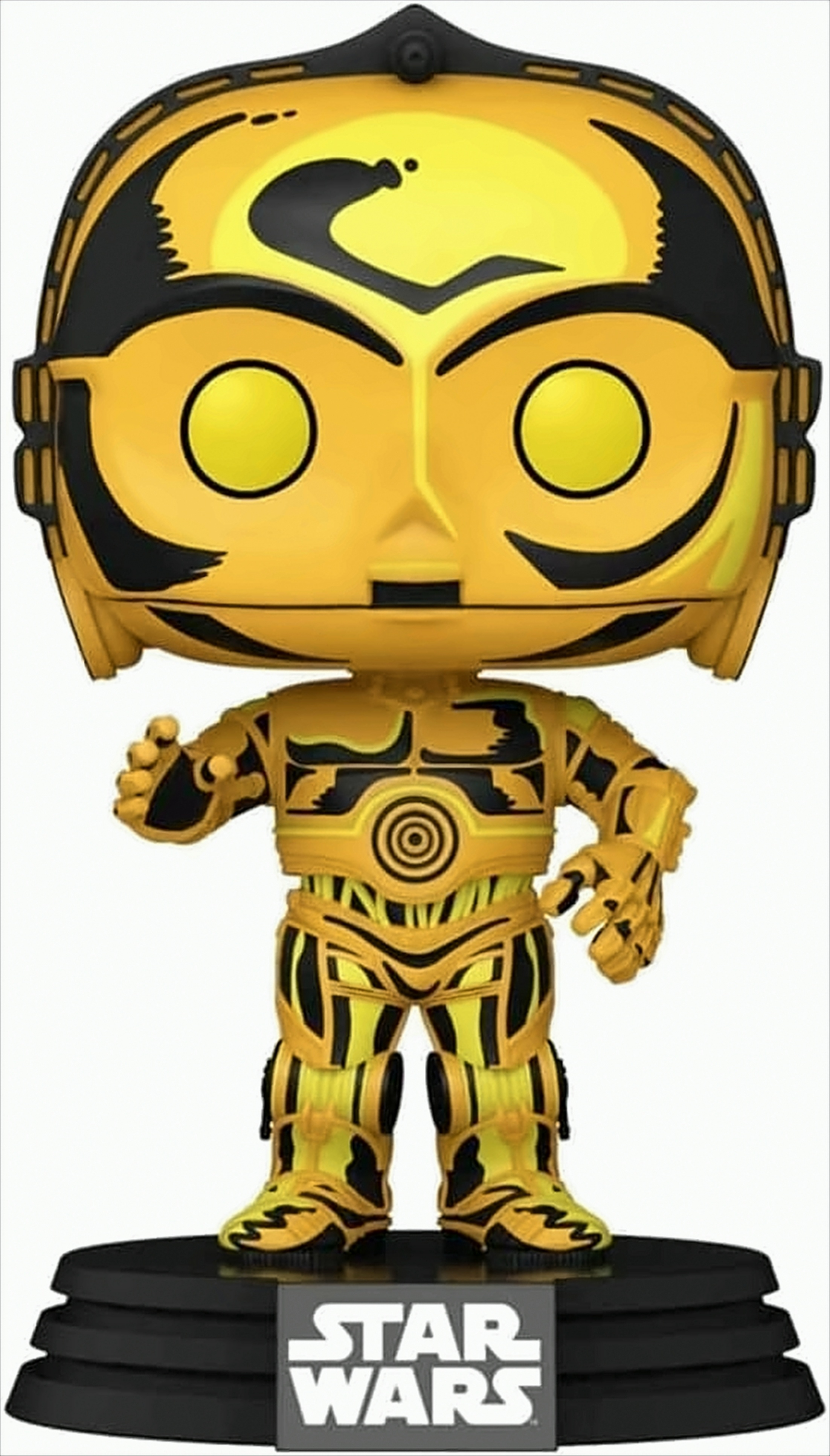 Una stilizzata figura in vinile di C-3PO gialla e nera su una base nera di Star Wars.