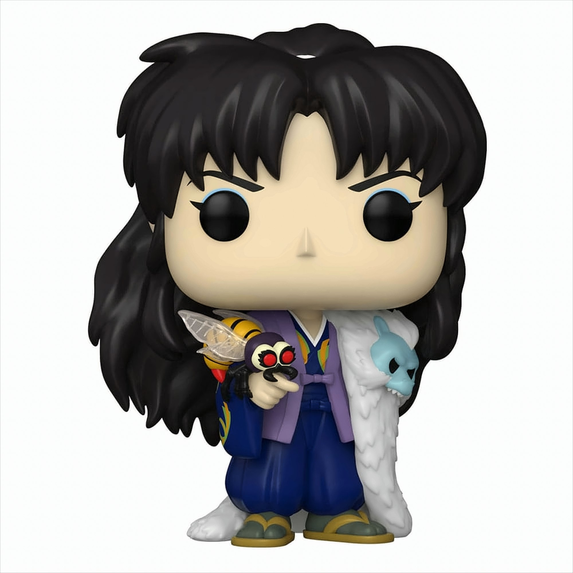 Funko Pop Figur mit schwarzem Haar, blauer Kleidung, hält eine Wespe und trägt Pelz auf der Schulter.