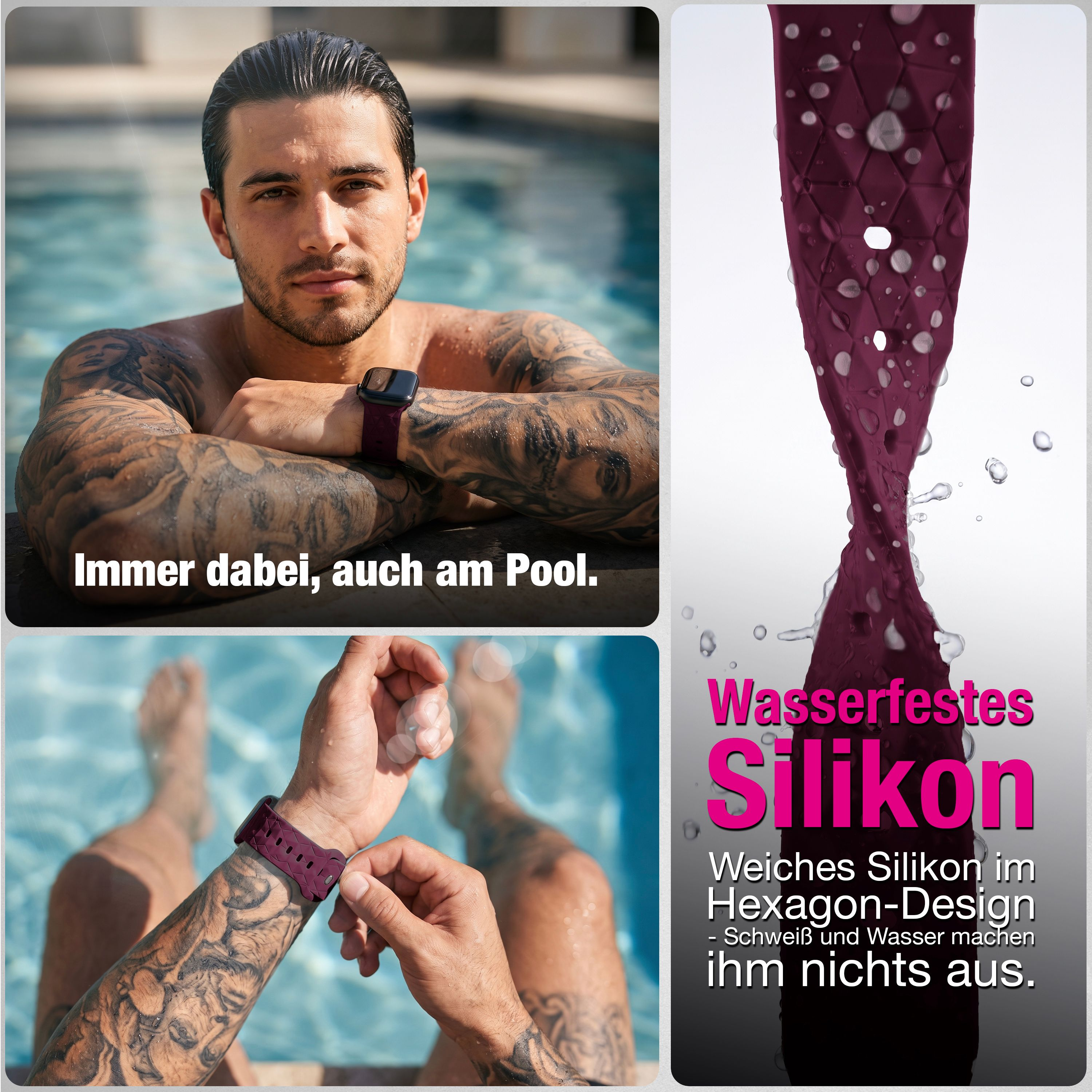 Ein tätowierter Mann trägt eine burgunderrote Smartwatch im Pool, dazu Details über wasserfestes Silikon.