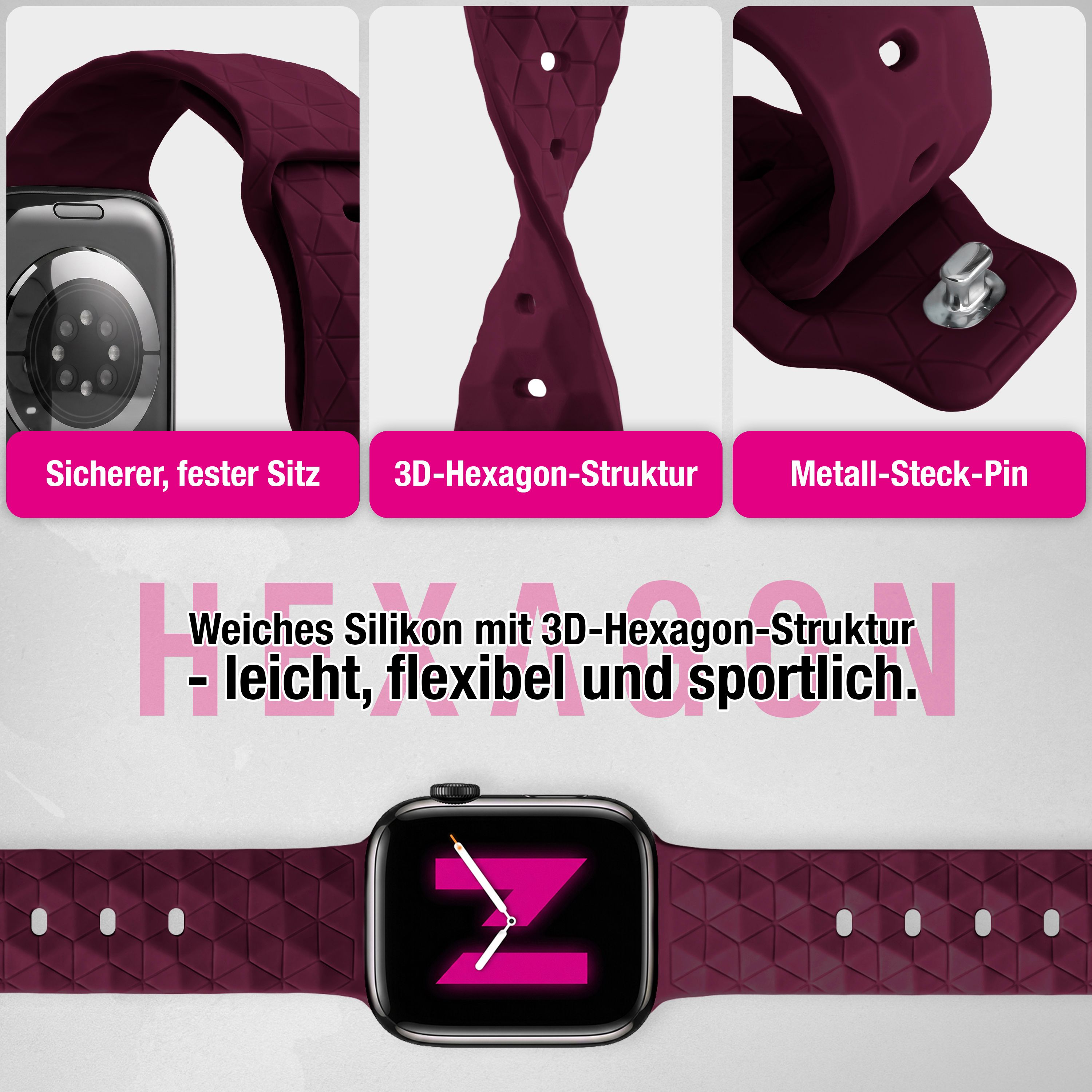 Dunkelrotes Silikon-Smartwatch-Armband mit 3D-Hexagon-Struktur, Metallpin und sicherem Sitz.