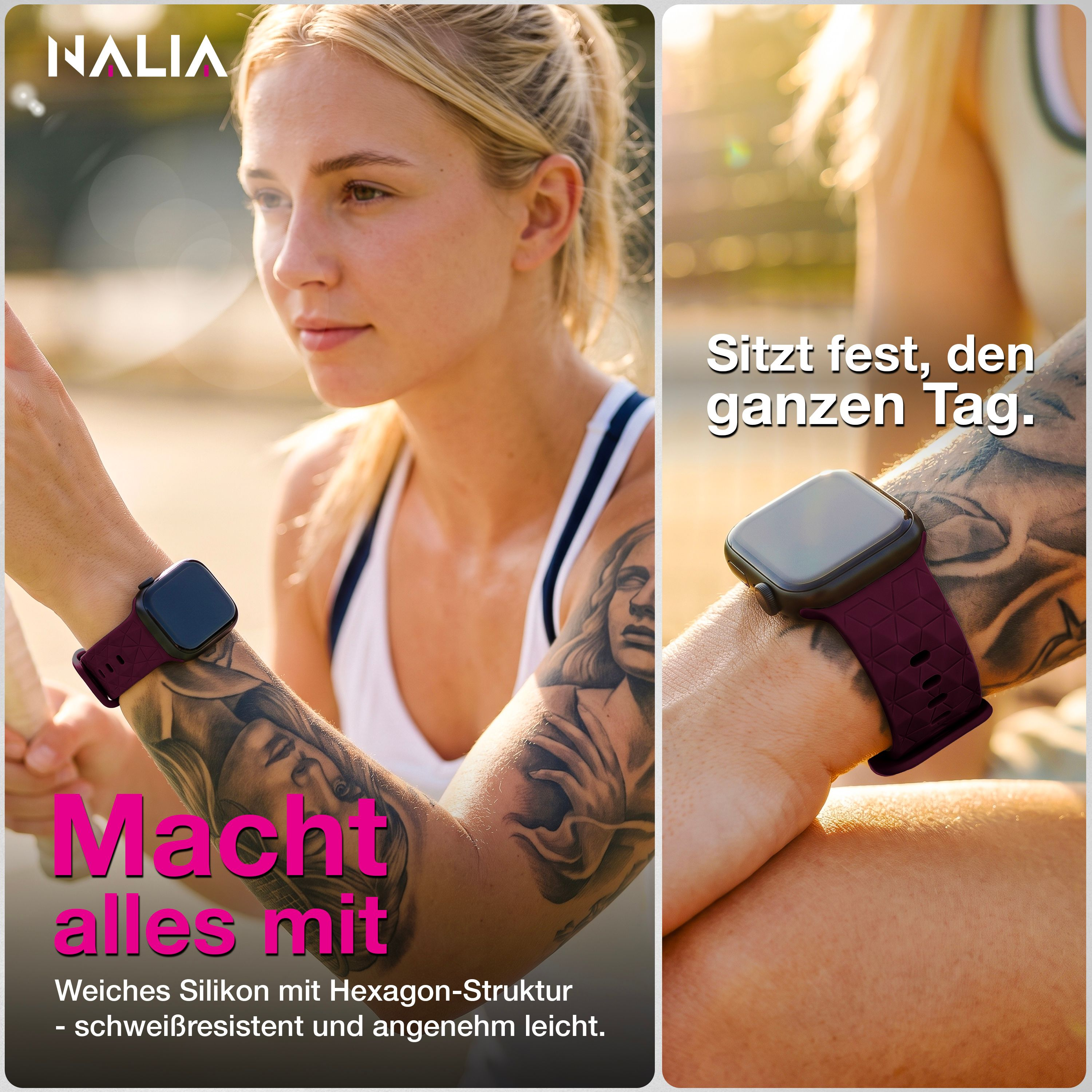 Eine Frau mit Tattoos trägt eine dunkelrote Smartwatch mit Hexagon-Muster am Handgelenk in heller Umgebung.