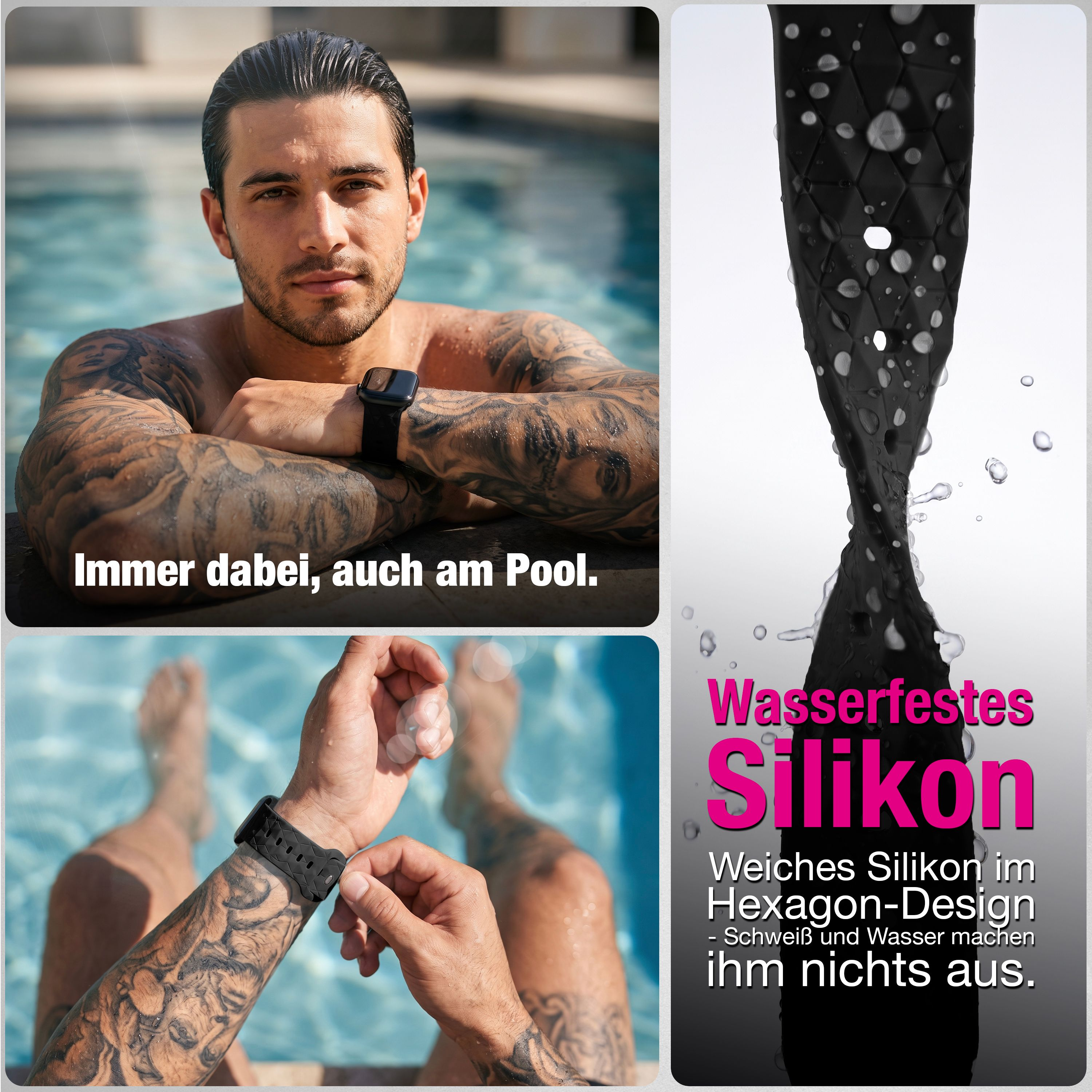Ein tätowierter Mann trägt eine schwarze Smartwatch am Pool mit Texten über wasserfestem Silikon.