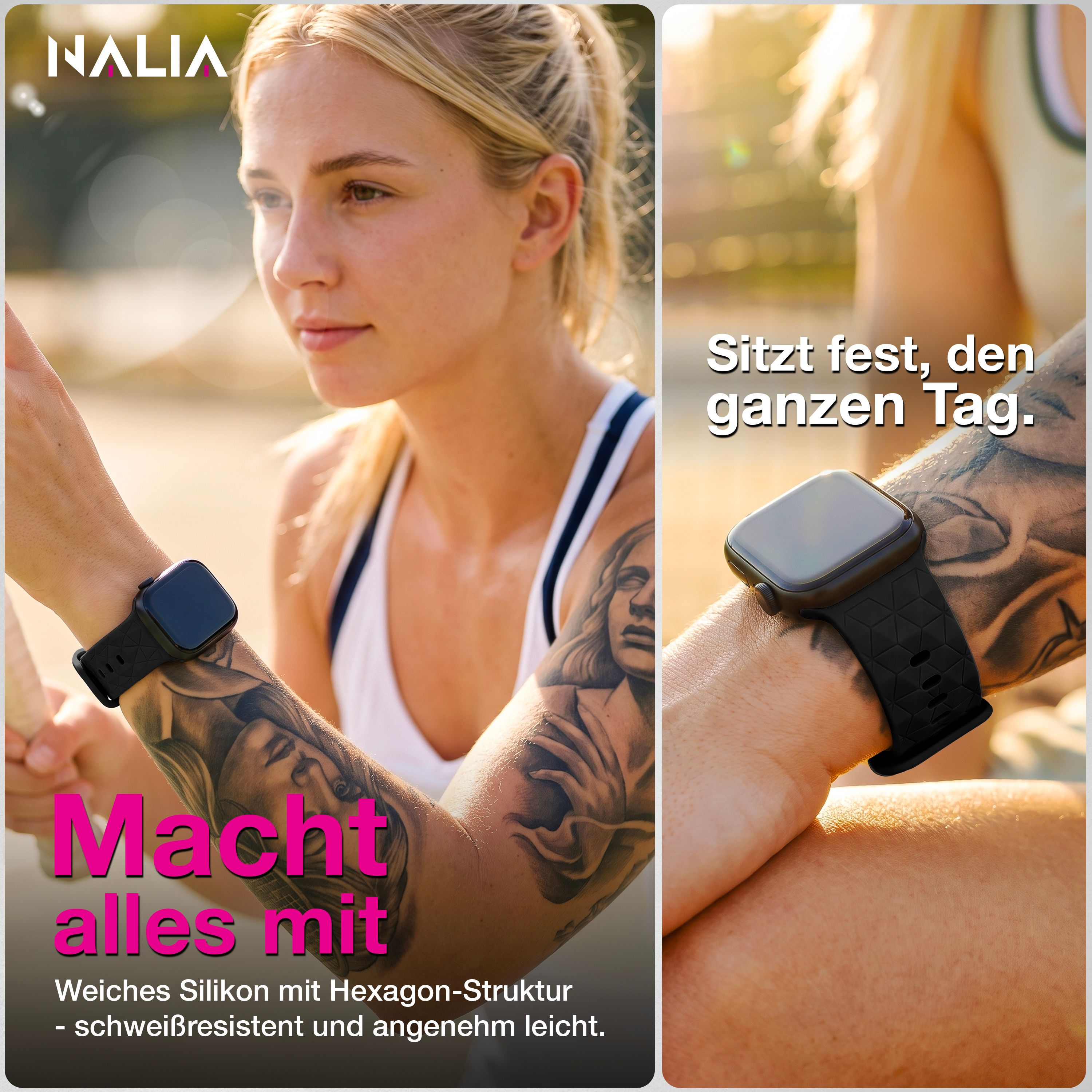 Eine Frau mit Tattoos und schwarzer Smartwatch mit Silikonarmband posiert outdoors.
