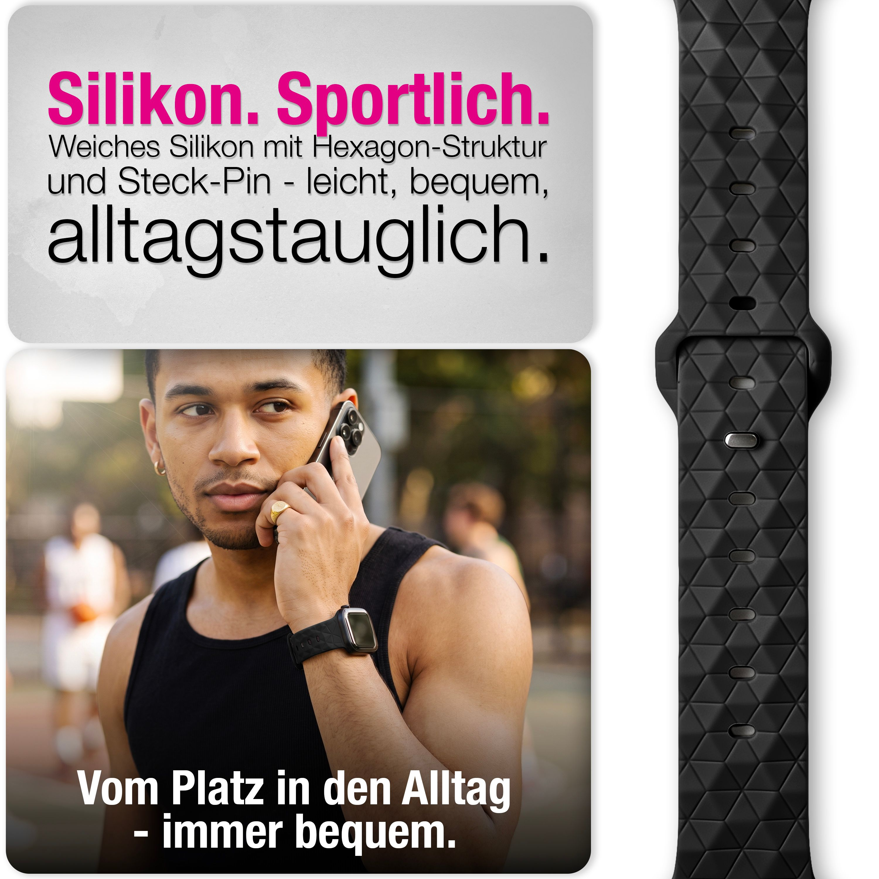 Ein Mann telefoniert draußen und trägt eine schwarze Smartwatch mit strukturiertem Silikonarmband.
