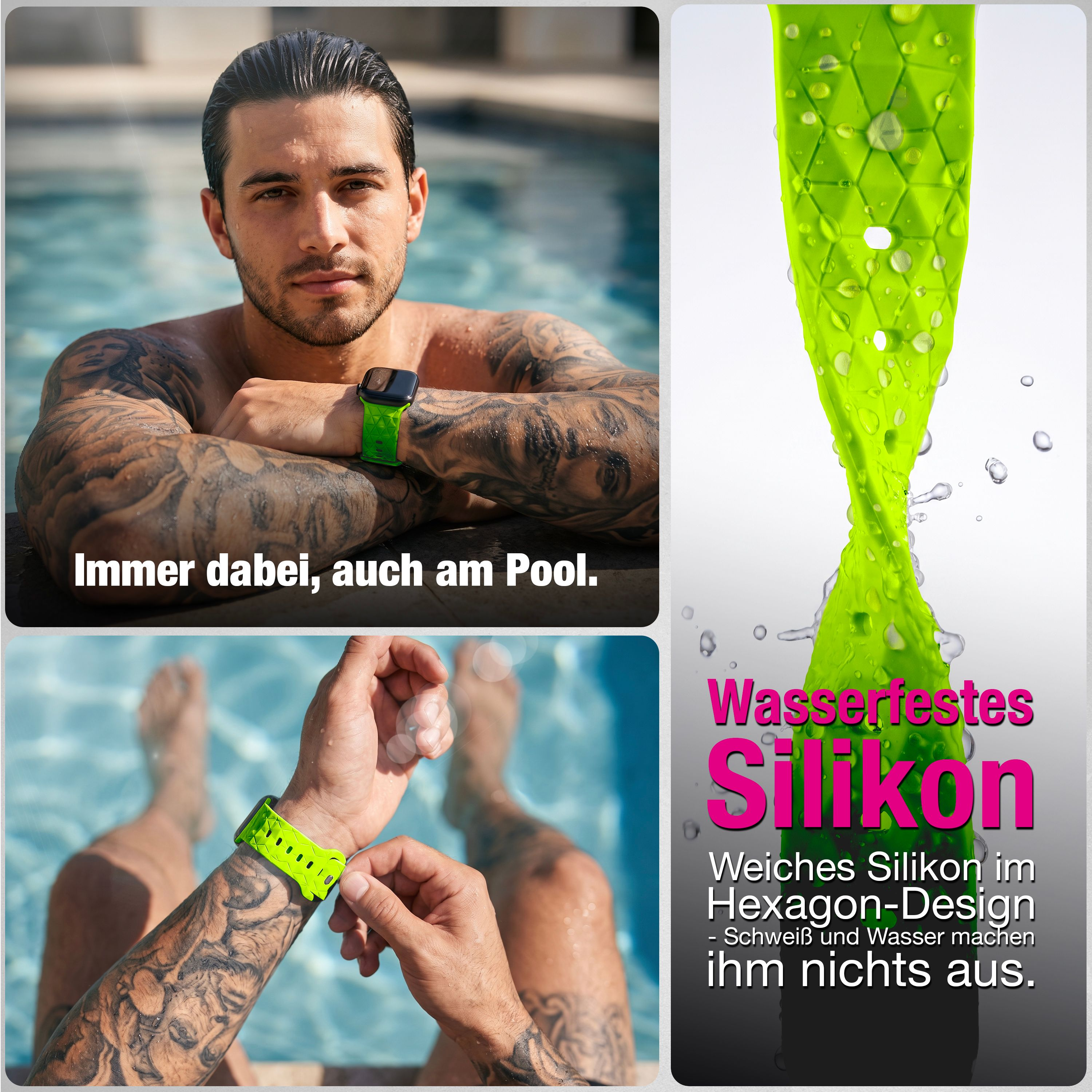Ein tätowierter Mann trägt eine Smartwatch mit neon-grünem Silikonarmband am Pool.