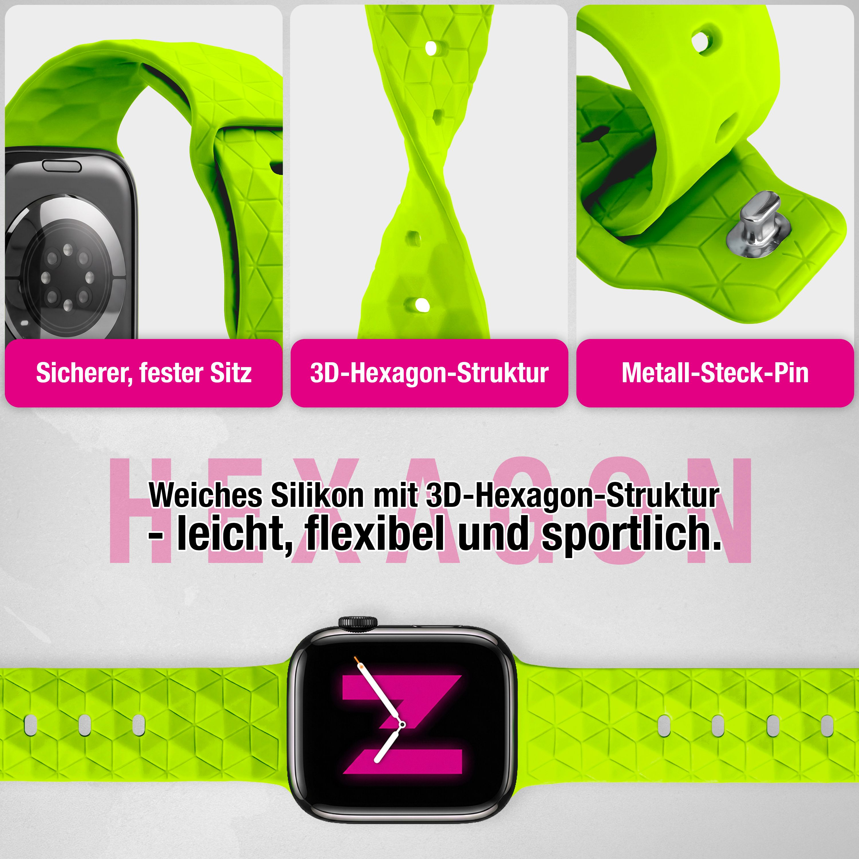 Grünes Silikon-Smartwatcharmband mit 3D-Hexagon-Struktur, Metallpin und sicherem Sitz.