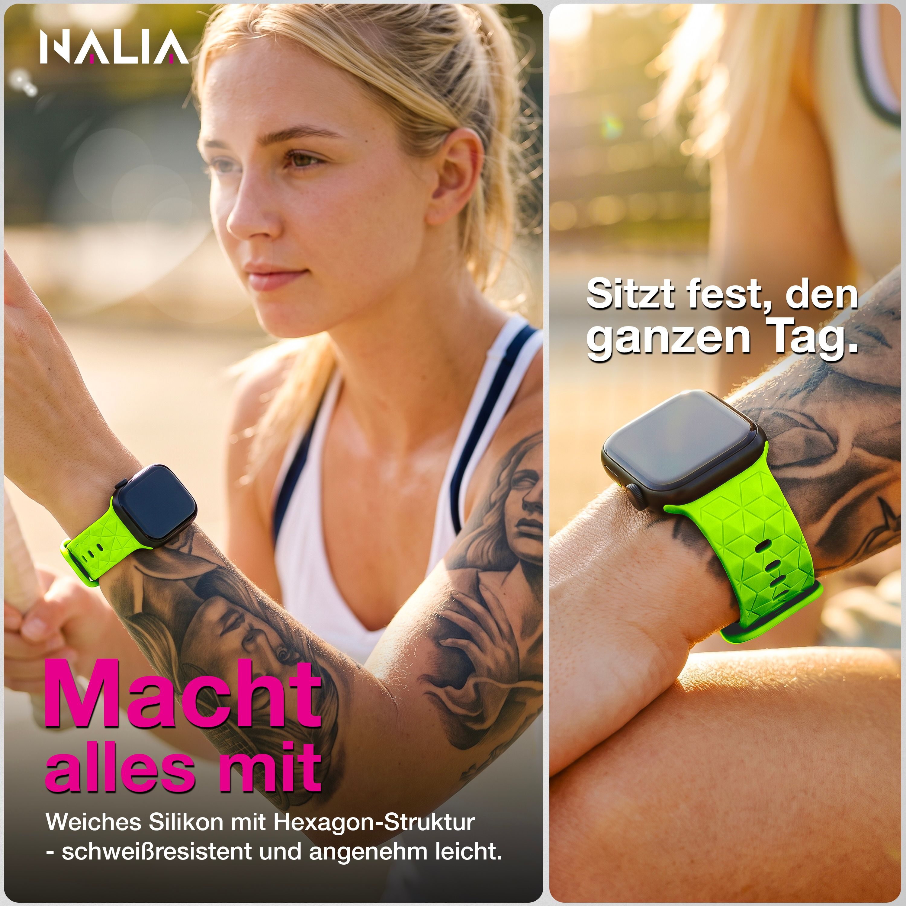 Eine Frau mit tätowiertem Arm trägt eine grüne Apple Watch mit Hexagon-Muster.