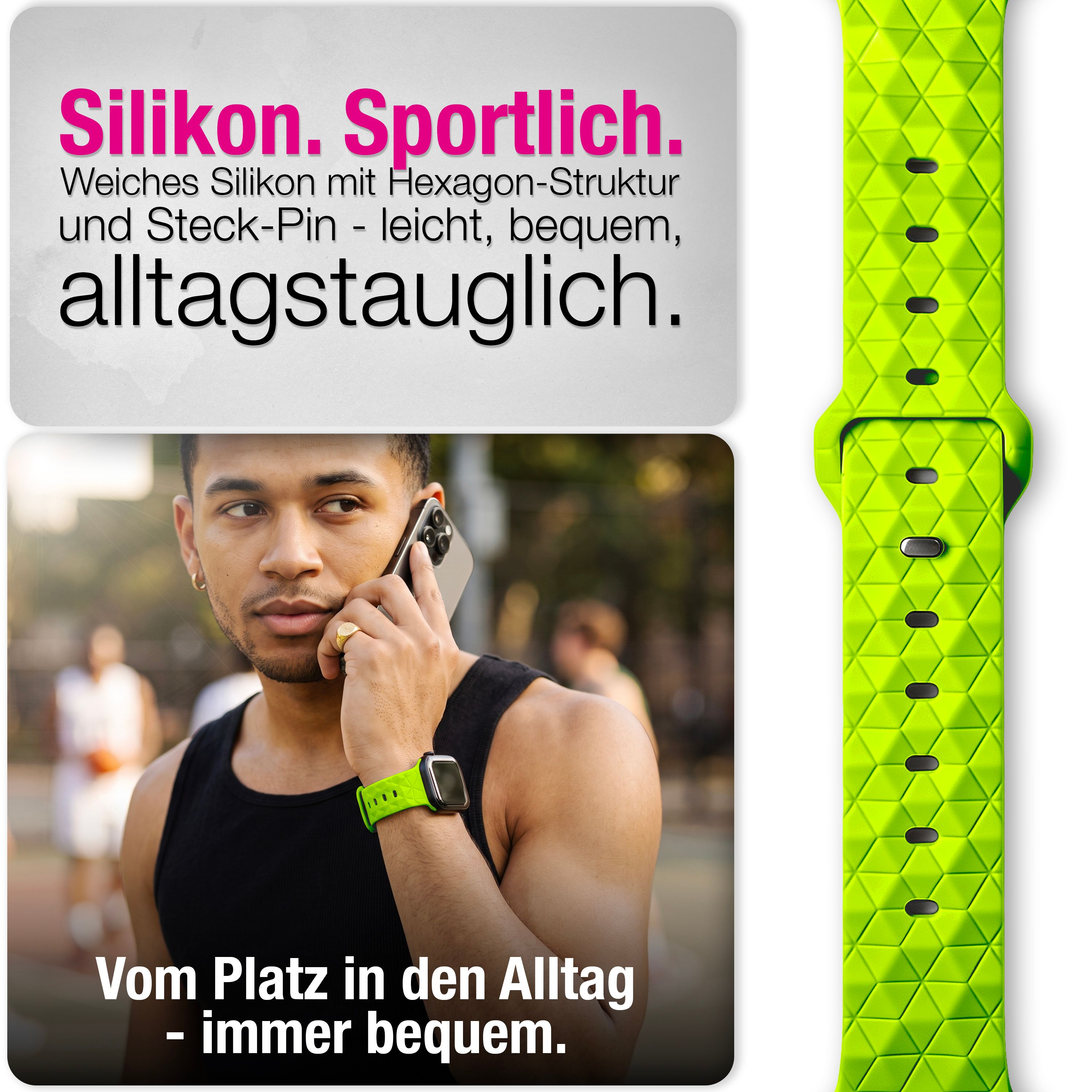 Mann telefoniert mit Smartwatch und grünem Silikonarmband, mit Werbetexten.