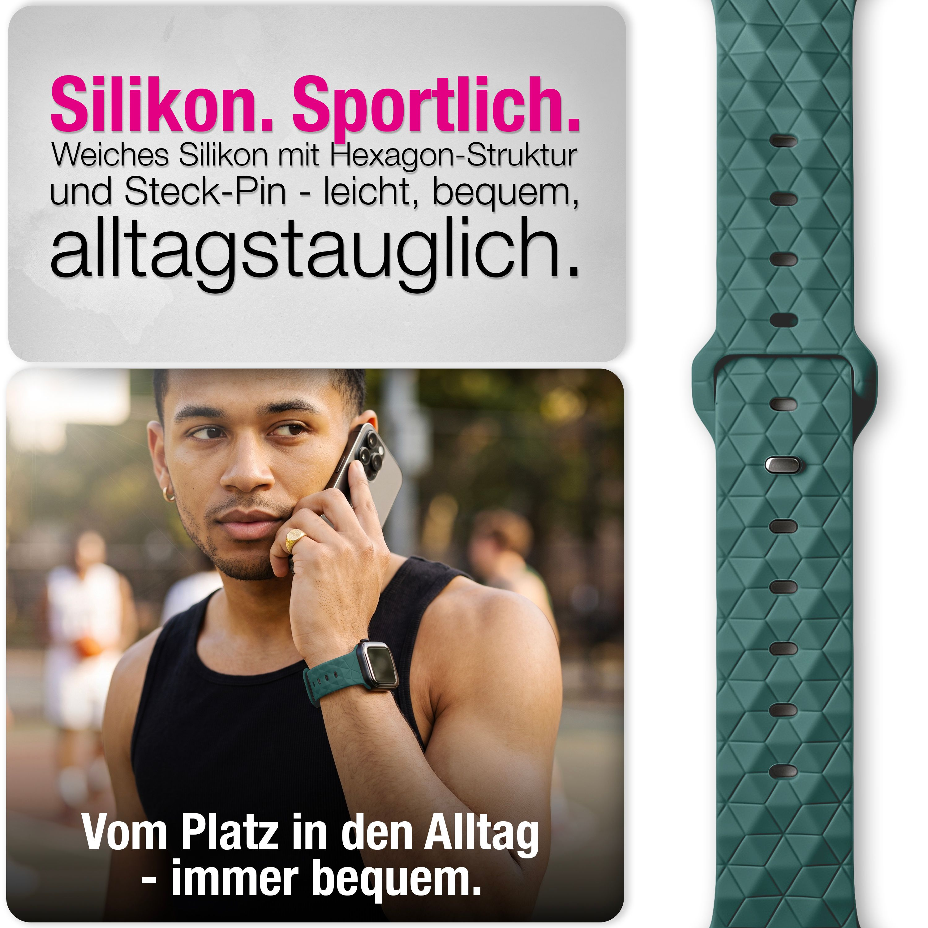 Ein Mann telefoniert mit einer grünen Hexagon-Silikon-Smartwatch am Handgelenk, daneben ist das Armband zu sehen.