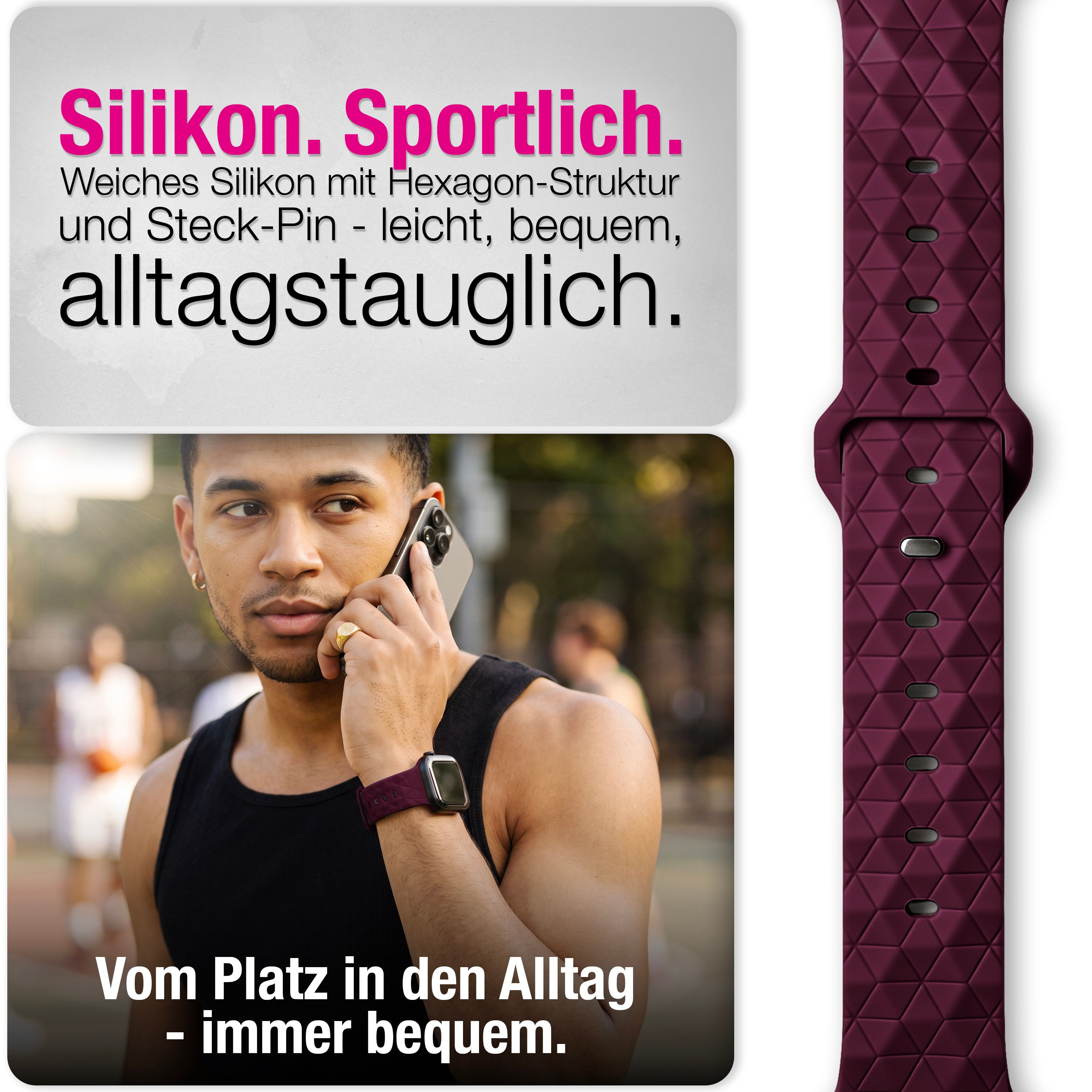 Bordeauxrote Silikon-Sportarmbanduhr für den Alltag, getragen von einem Mann, der telefoniert.