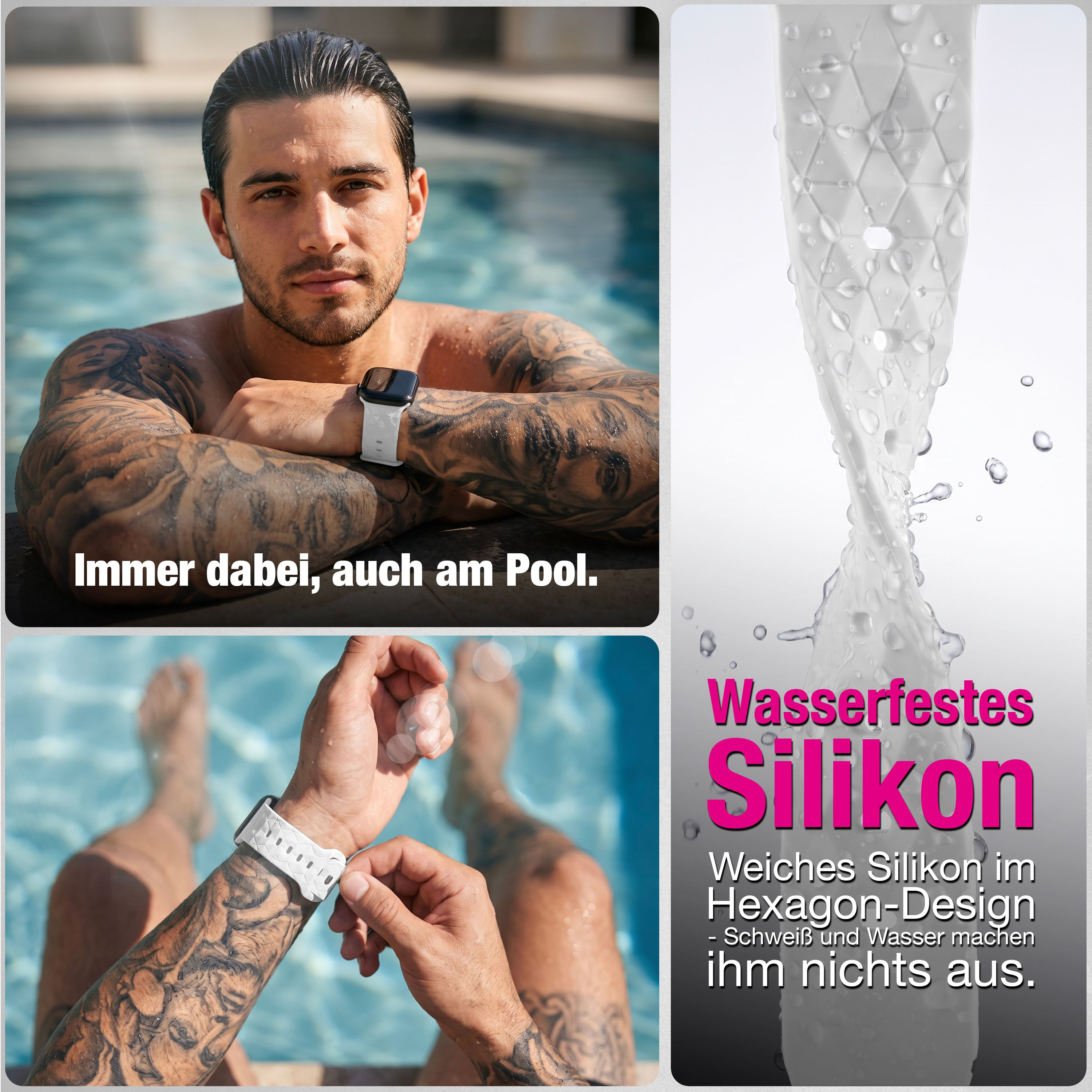 Ein Mann trägt ein weißes Silikon-Smartwatcharmband am Pool, mit Text über das wasserdichte Design.