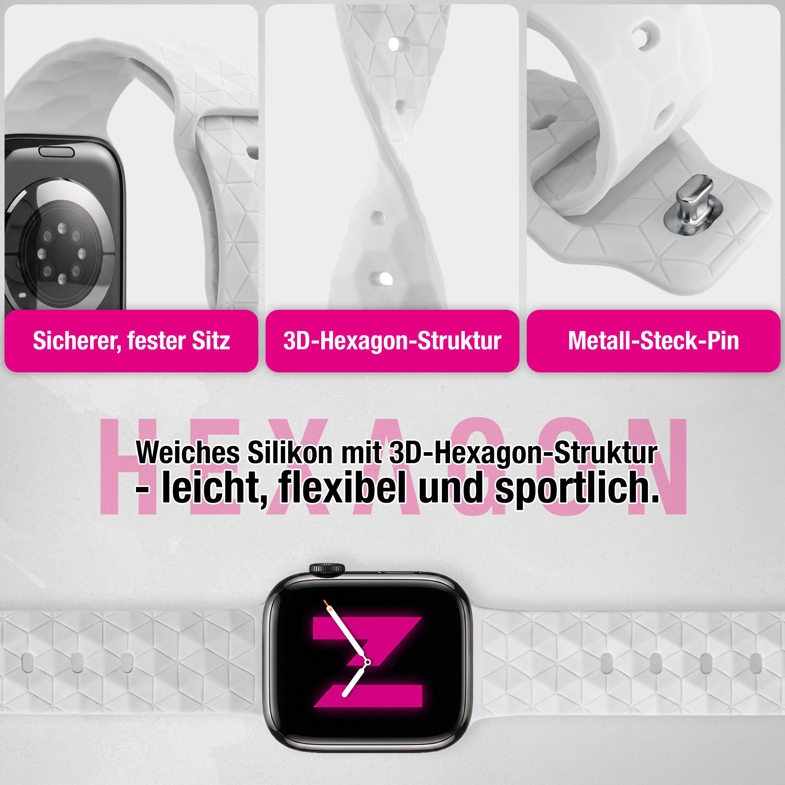 Weißes Silikonarmband mit 3D-Muster, Metall-Pin und sicherem Halt, gezeigt mit einer Smartwatch.