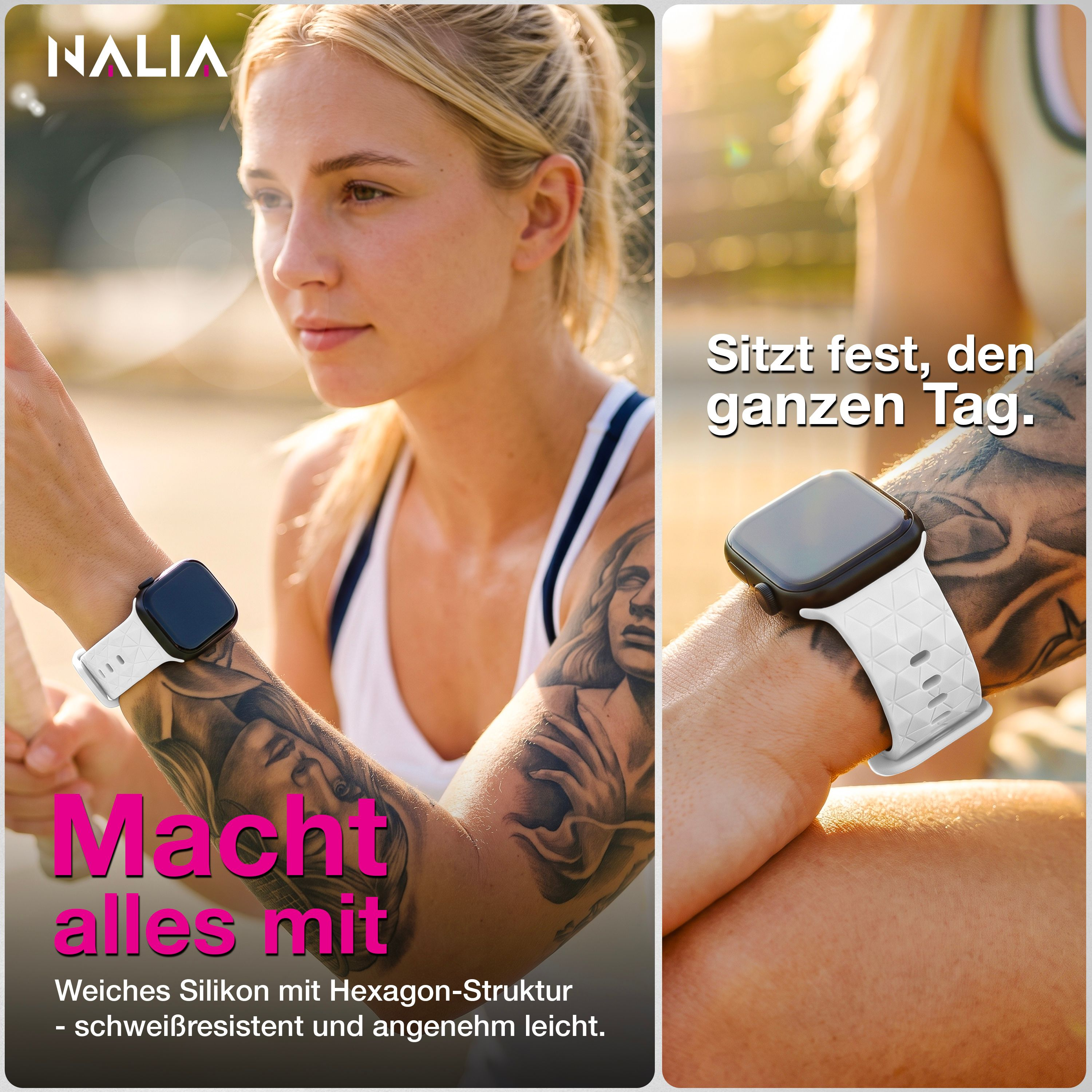 Eine Frau mit tätowiertem Arm trägt eine weiße Smartwatch mit Sechseck-Muster.