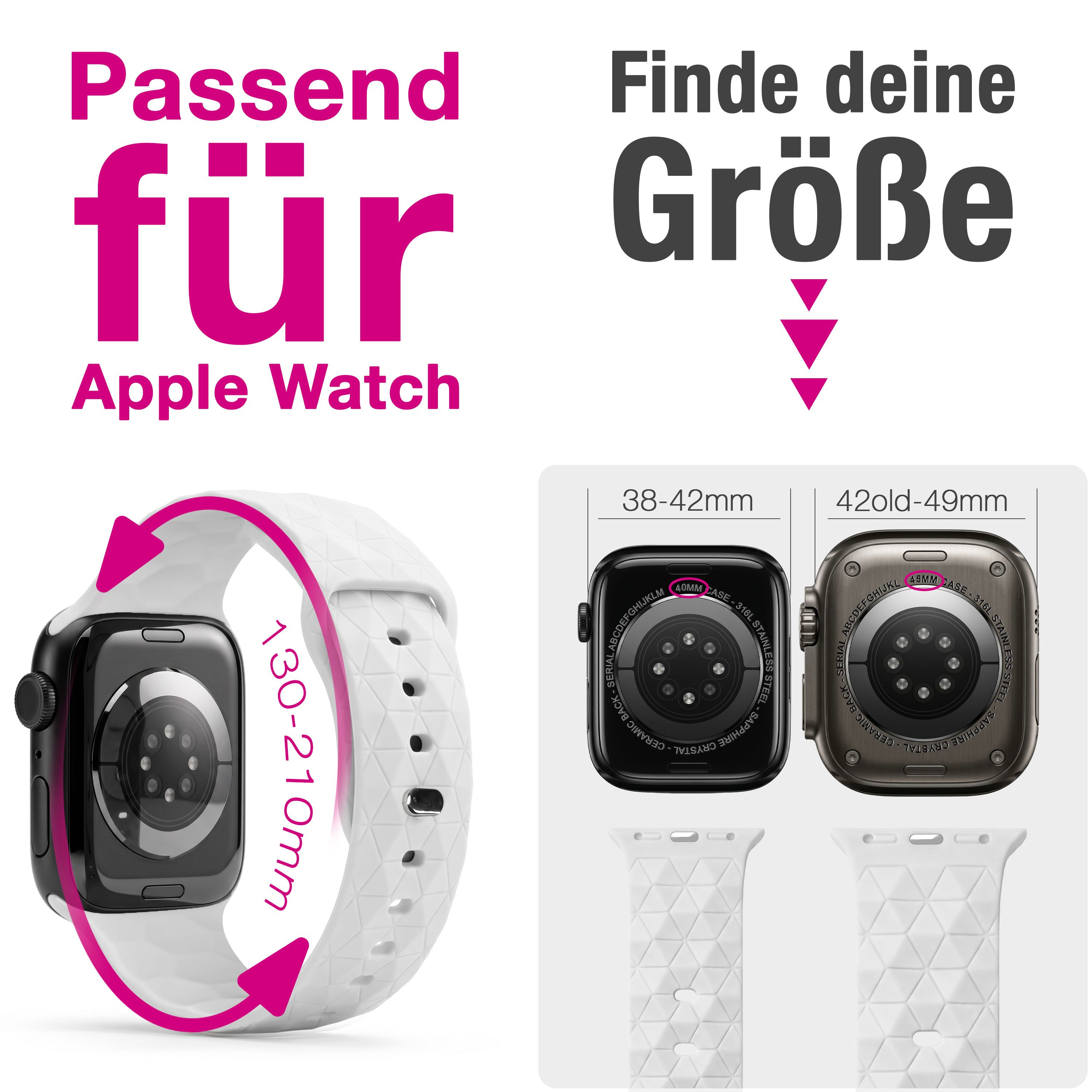 Größentabelle für Apple Watch mit Handgelenkumfang (130-210mm) und Gehäusegrößen (38mm bis 49mm).