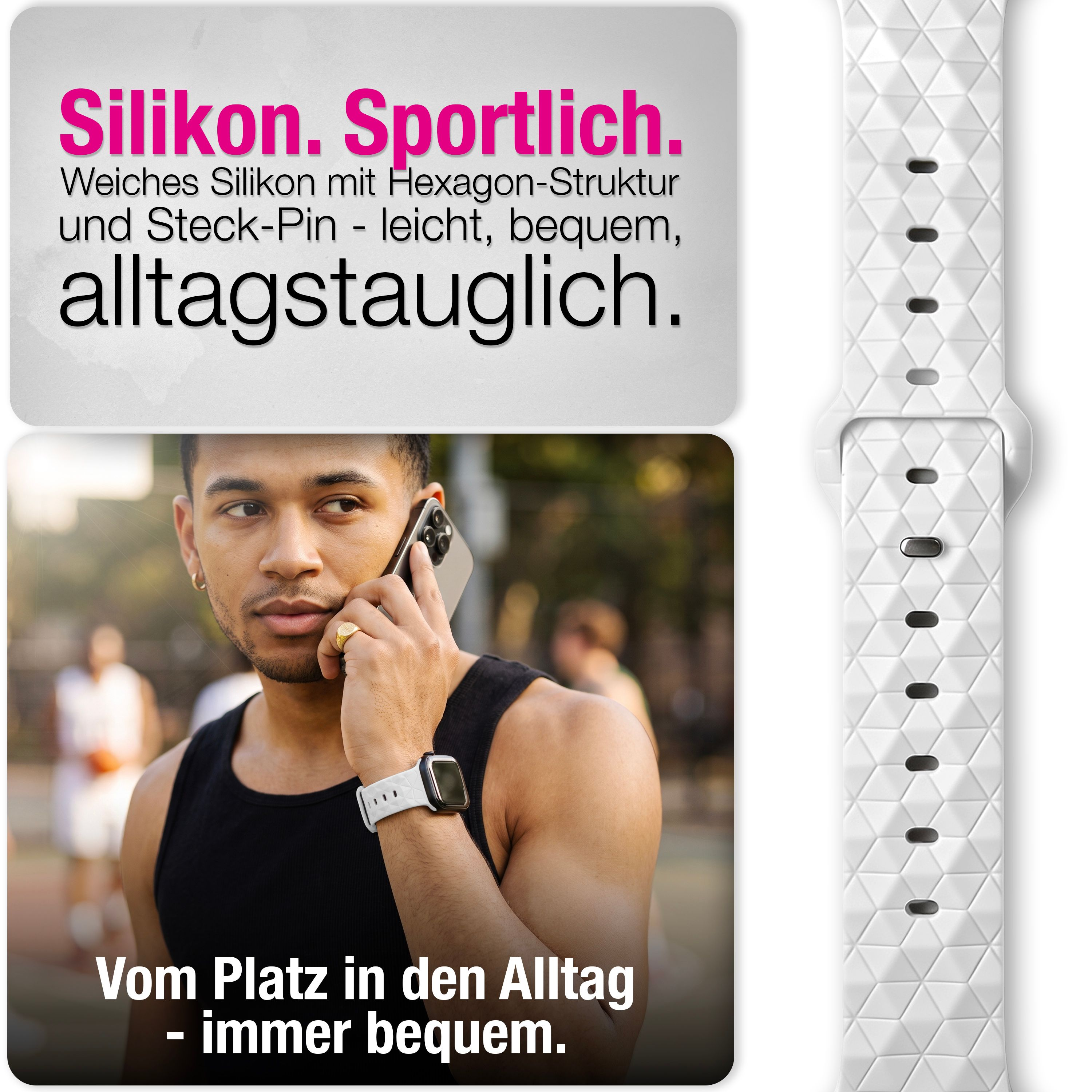 Werbung für ein weißes Silikon-Smartwatch-Armband mit Hexagon-Muster, getragen von einem Sportler beim Telefonieren.